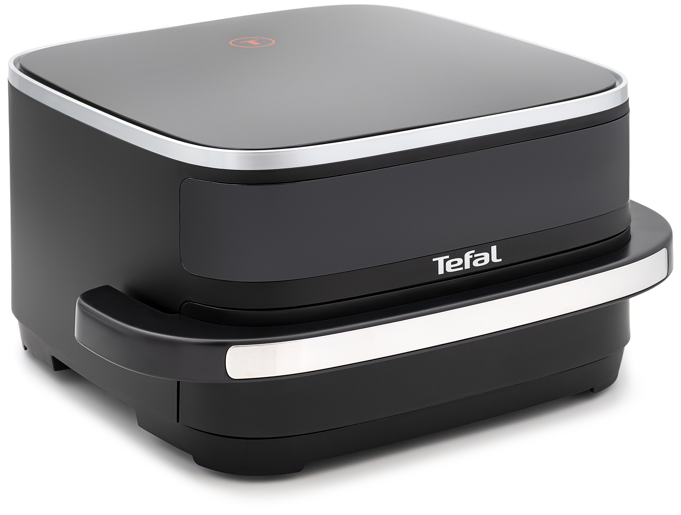 Czarna frytkownica Tefal Easy Fry XL FW4018E0 widziana z perspektywy górnej bocznej na białym tle. Urządzenie ma matową obudowę, srebrne listwy dekoracyjne oraz szeroki, wygodny uchwyt do wysuwania szuflady z widocznym logo marki.