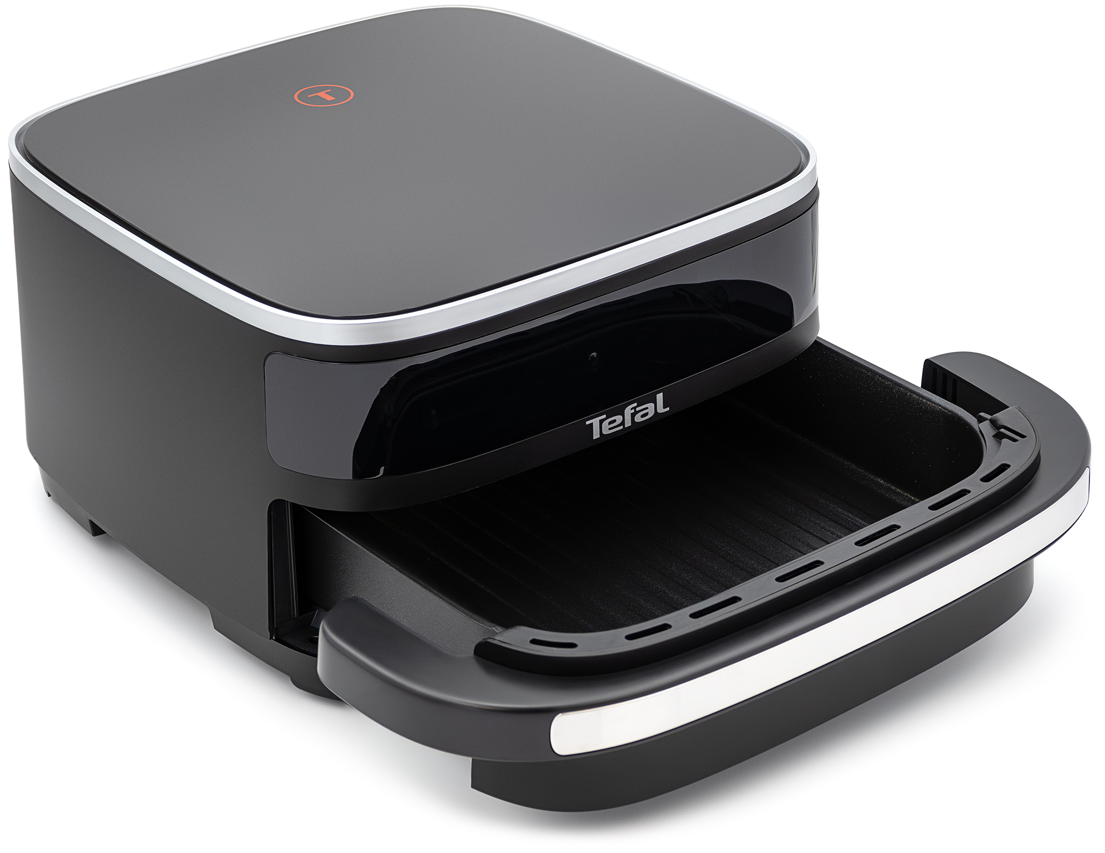 Czarna frytkownica beztłuszczowa Tefal FW4018E0 Easy Fry XL z wysuniętą pustą szufladą, widok od góry pod kątem. Urządzenie posiada matową obudowę, srebrne listwy dekoracyjne oraz białe logo marki na frontowym panelu. Szuflada ma szeroki uchwyt i karbowane dno.
