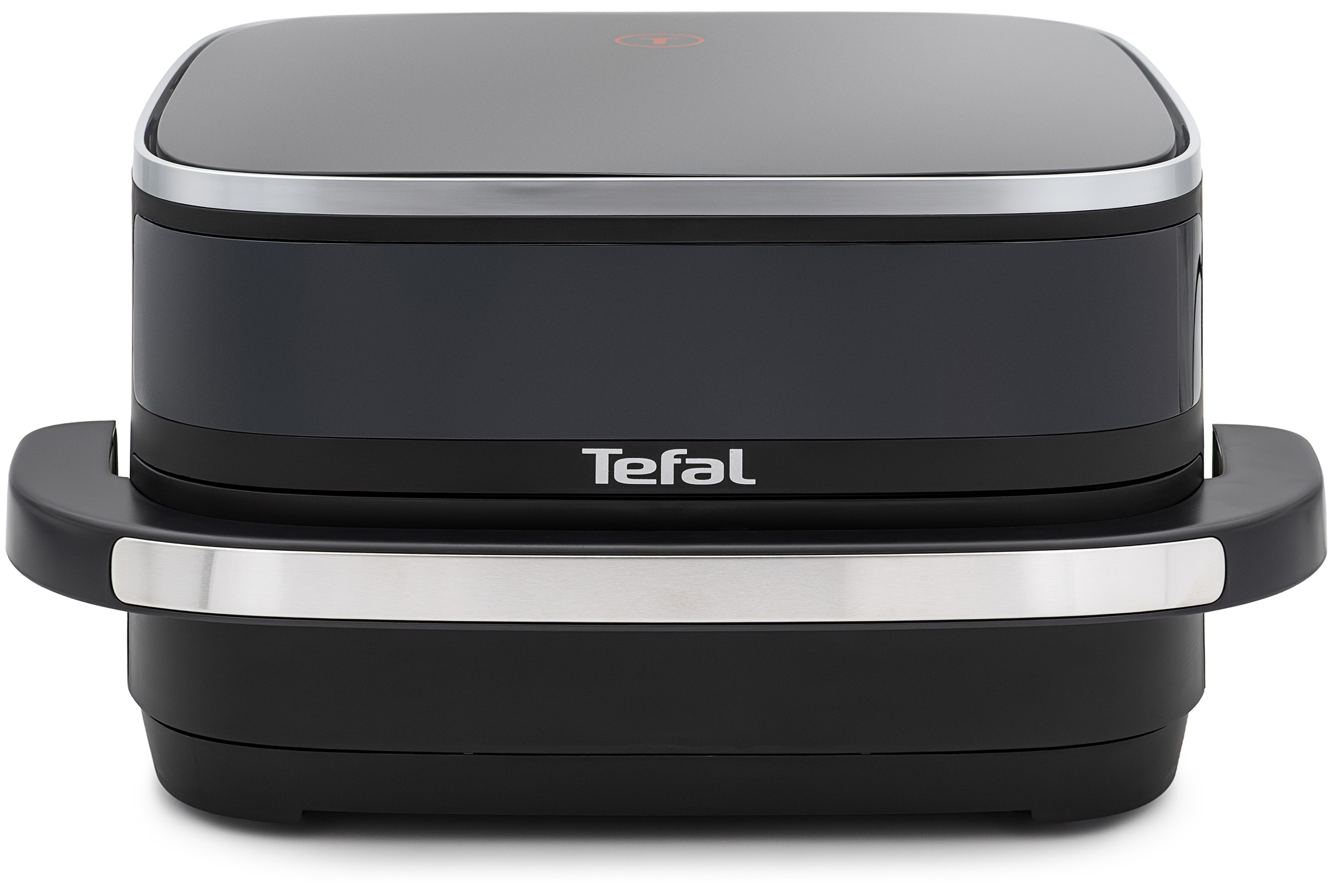 Czarna frytkownica Tefal FW4018E0 Easy Fry XL w widoku od przodu na białym tle. Produkt charakteryzuje się matową obudową, srebrnymi detalami na pokrywie i uchwycie oraz centralnie umieszczonym białym logo marki. Szuflada urządzenia jest całkowicie zamknięta.