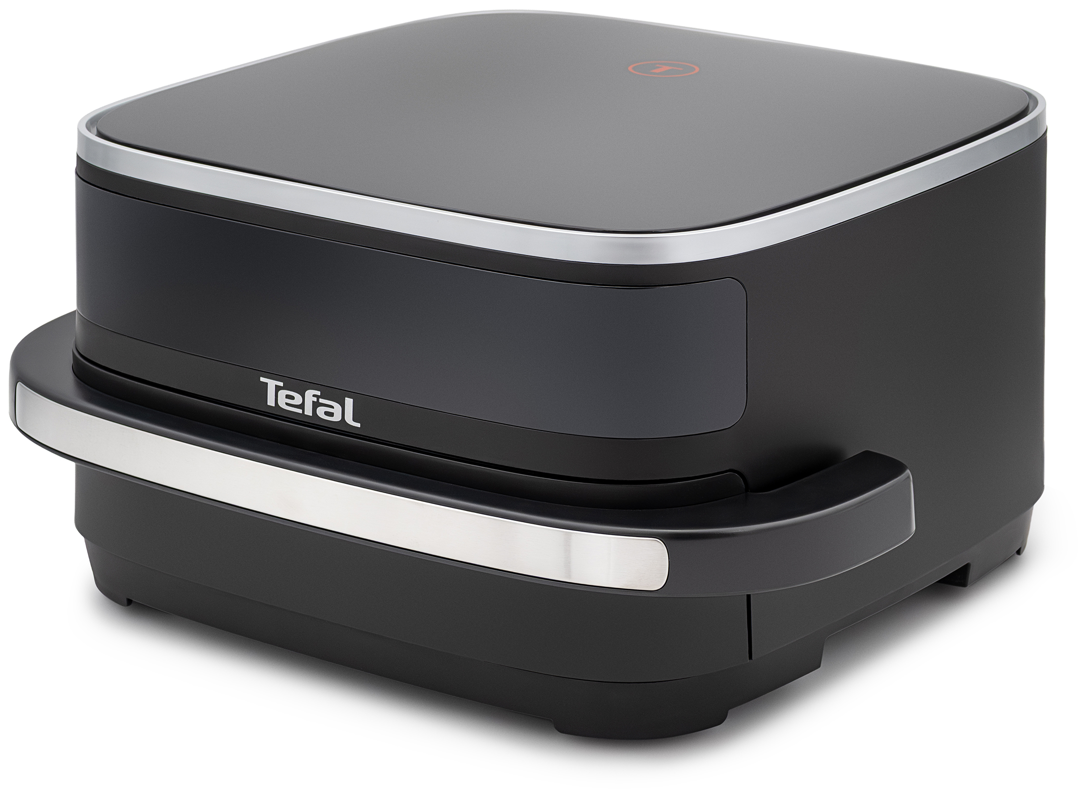 Czarna frytkownica Tefal FW4018E0 Easy Fry XL w widoku pod kątem na białym tle. Urządzenie posiada matową obudowę, srebrne akcenty na pokrywie i uchwycie oraz białe logo marki na frontowym panelu. Szuflada produktu jest całkowicie zamknięta.