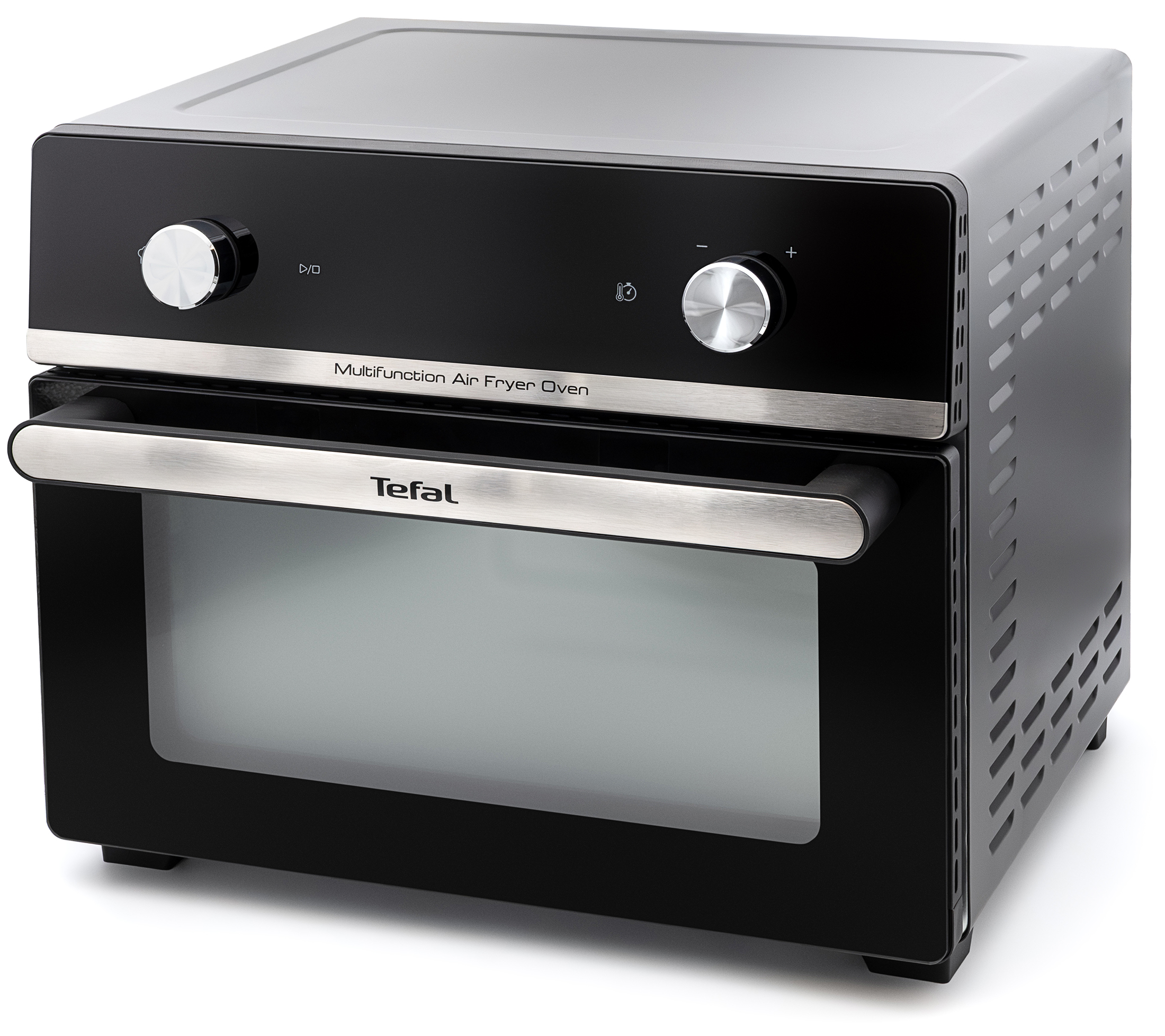 Piekarnik Tefal FW606810 widoczny z prawej strony na białym tle. Czarna obudowa z metalowymi elementami posiada dwa srebrne pokrętła, szklany front oraz widoczne otwory wentylacyjne na bocznym panelu.