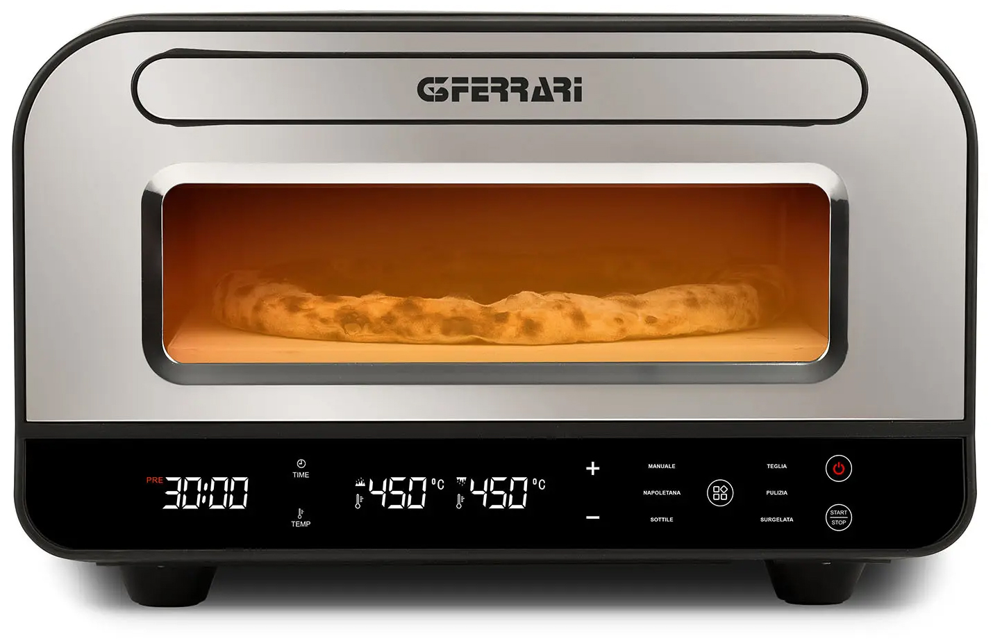 Front pieca do pizzy G3Ferrari Pizza Pro G10204 ze stali nierdzewnej. Czarny panel dotykowy wyświetla temperaturę 450 stopni Celsjusza i czas 30 minut. Przez szklany wizjer widać rozświetlone wnętrze z kamieniem do pieczenia i pizzą.