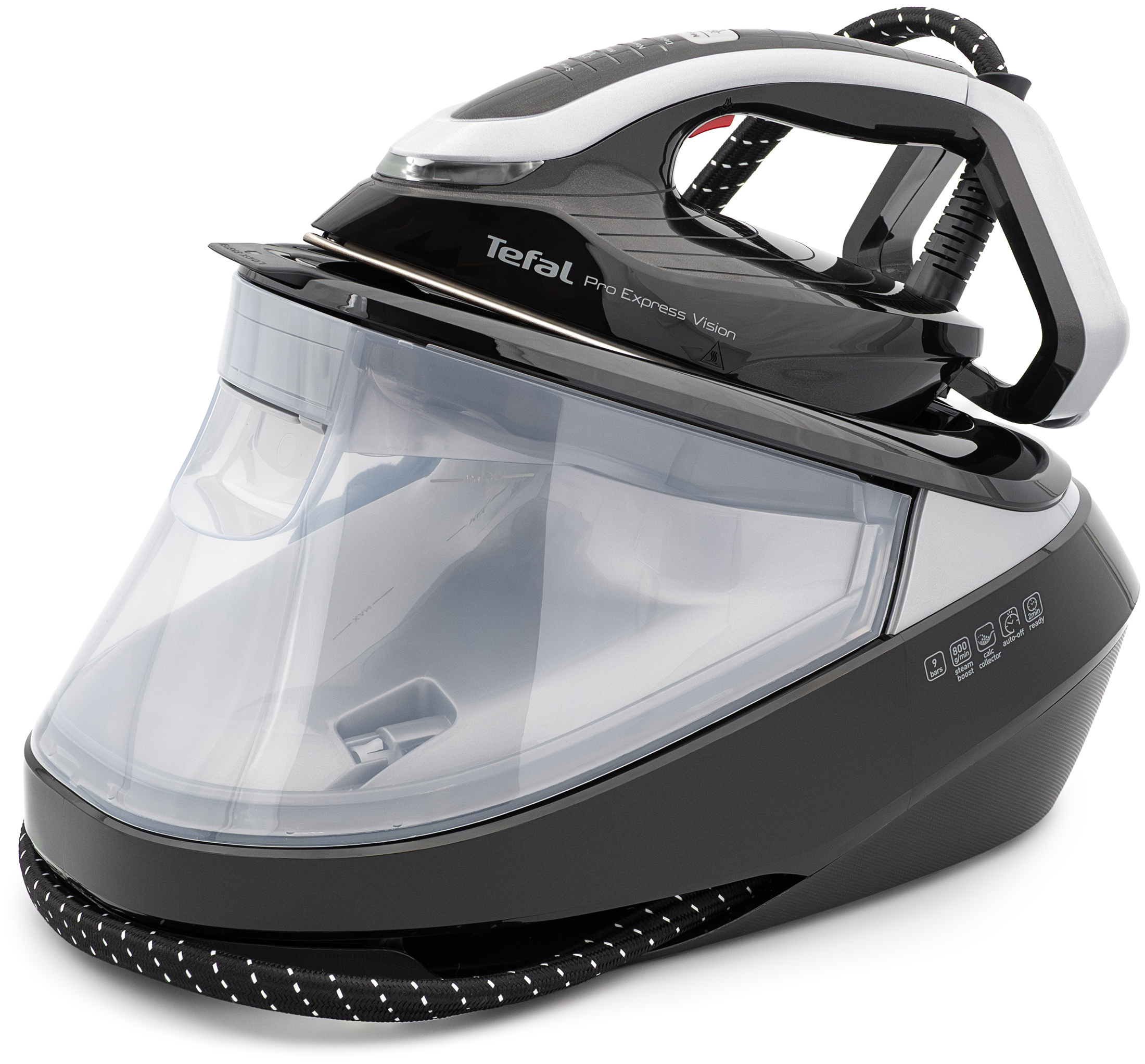 Czarny generator pary Tefal Pro Express Vision ustawiony profilem na białym tle. Widoczne żelazko na bazie z dużym, przezroczystym zbiornikiem oraz przewód w ozdobnym oplocie. Na bocznej obudowie umieszczono białe ikony specyfikacji technicznej, w tym ciśnienie 9 barów.