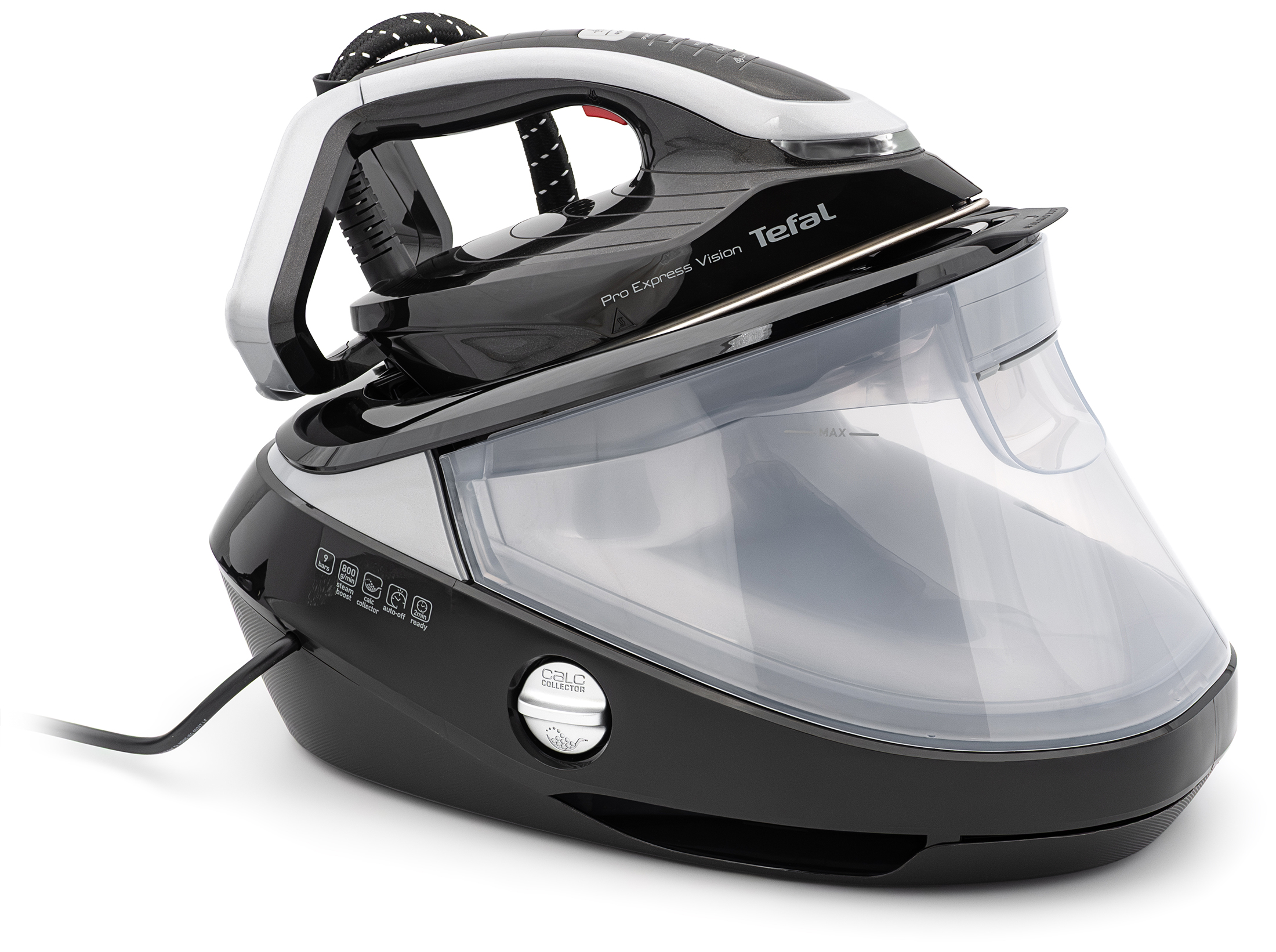 Generator pary Tefal Pro Express Vision w kolorze czarnym, widok z prawego profilu. Na obudowie bazy wyraźnie widać srebrne pokrętło systemu antywapiennego Calc Collector oraz ikony specyfikacji technicznej. Całość na białym tle.