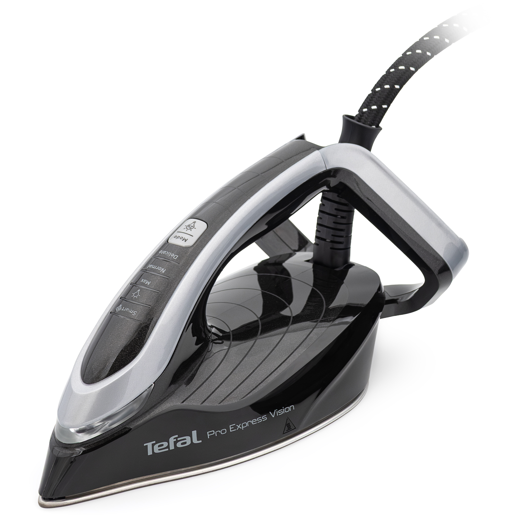 Zbliżenie na żelazko Tefal Pro Express Vision, skupiające się na panelu sterowania umieszczonym na rączce. Widoczne przyciski wyboru trybów pracy, takich jak Delicate, Normal i Max, oraz srebrne detale wykończenia. Całość na białym tle.