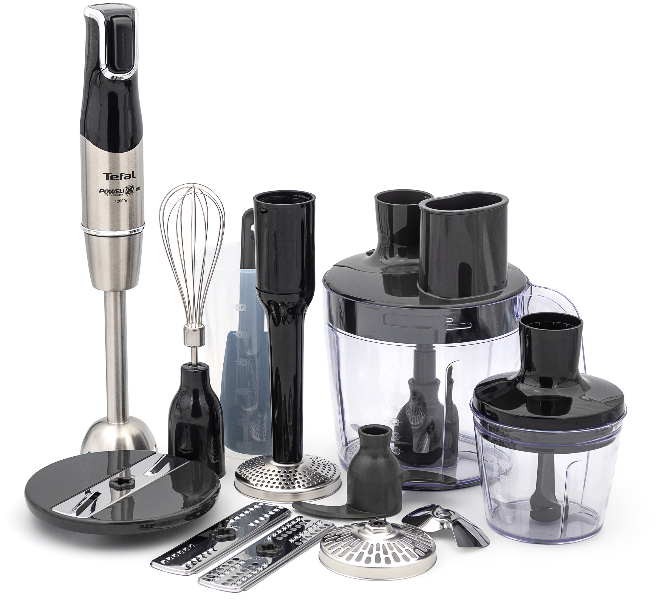 Srebrno-czarny blender ręczny Tefal Infinity Force Pro 1200 W pokazany na białym tle wraz z pełnym zestawem akcesoriów. Widoczne są m.in. trzepaczka, pojemnik z miarką, stopka do purée, malakser, rozdrabniacz oraz tarcze do tarcia.