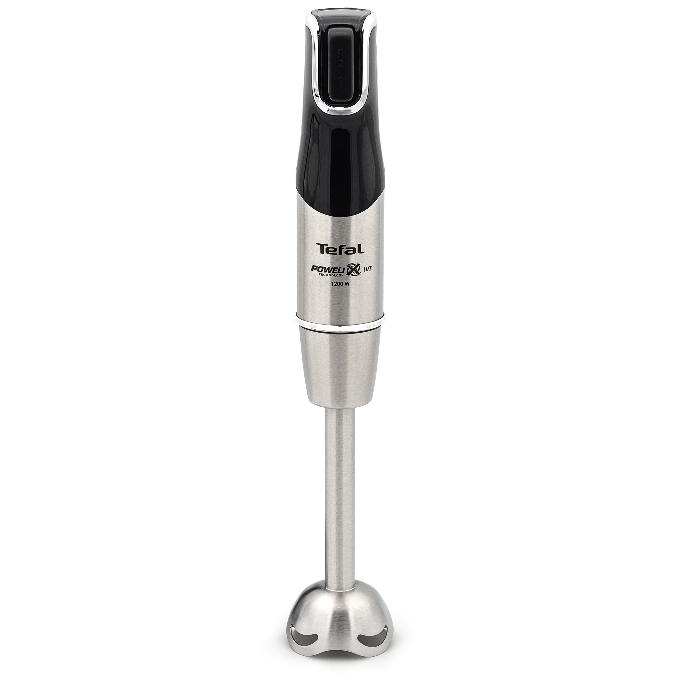 Blender ręczny Tefal Infinity Force Pro 1200 W pokazany pionowo z przodu na białym tle. Ukazuje czarno-srebrny uchwyt z logo Tefal oraz oznaczeniami mocy i technologii, połączony ze stalową stopką blendującą.