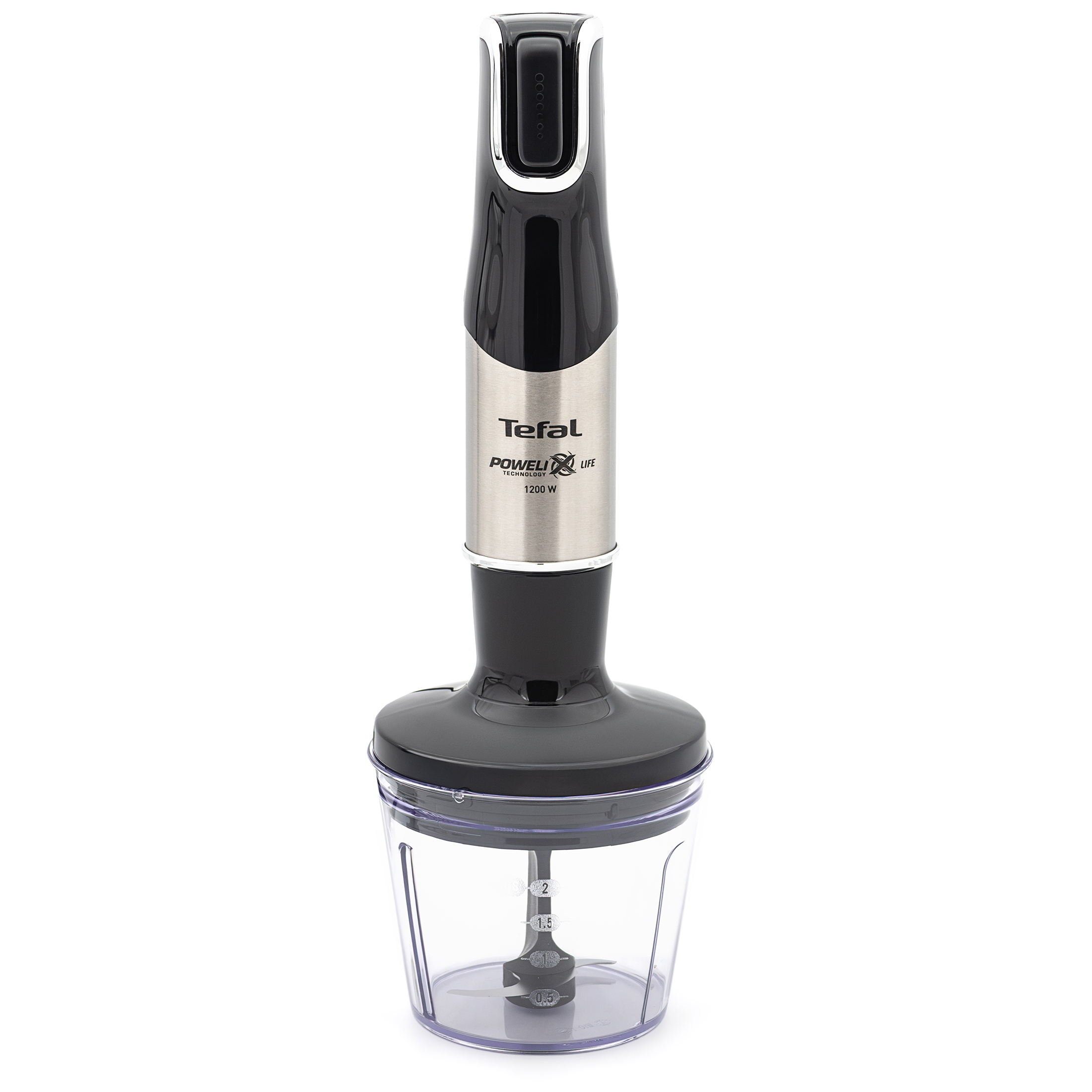 Blender Tefal Infinity Force Pro 1200 W zamontowany na pojemniku rozdrabniacza, widok z przodu na białym tle. Ukazuje czarno-srebrny napęd wpięty w czarną pokrywę przezroczystej misy z widoczną miarką i ostrzami tnącymi.