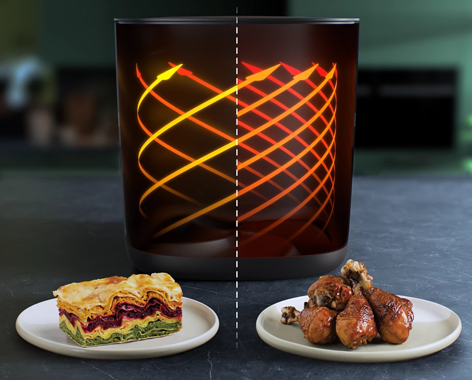 Podzielony obraz prezentujący frytownicę beztłuszczową Philips Airfryer z wizualizacją grzania, obok lasagni i pieczonych udek kurczaka.