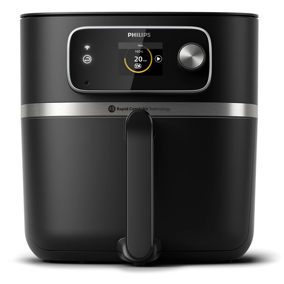 Czarna frytownica beztłuszczowa Philips HD9880/90 XXL z uchwytem i dużym, cyfrowym wyświetlaczem dotykowym na panelu przednim. Widoczne logo PHILIPS. Urządzenie stoi na białym tle.