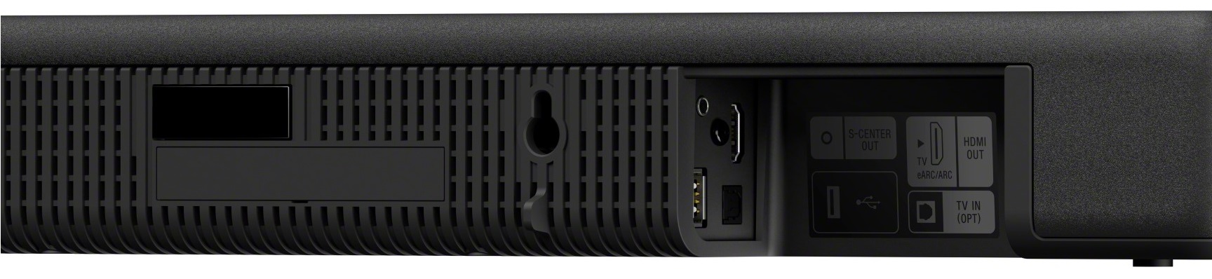 Tylny panel czarnego soundbara Sony HT-A3000, ukazujący różnorodne porty i złącza na białym tle. Widoczne są między innymi porty S-CENTER OUT, HDMI OUT (eARC/ARC), TV IN (OPT), port USB, otwór na kabel zasilający oraz mocowania ścienne.