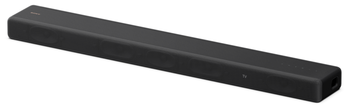 Czarny, podłużny soundbar Sony HT-A3000, widoczny pod lekkim kątem od przodu i z prawej strony, na białym tle. Urządzenie ma minimalistyczny design z matową powierzchnią i perforowaną siateczką maskującą głośniki. Z lewej strony widoczne jest subtelne logo SONY, a w centralnej części ekran tekstowy pokazujący TV oraz rząd wskaźników świetlnych po prawej stronie.