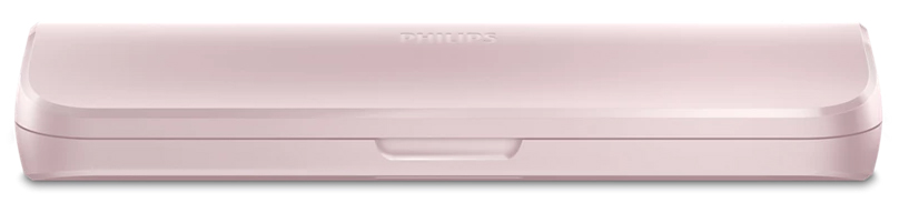 Jasnoróżowe etui podróżne do szczoteczki Philips Sonicare 9000 DiamondClean. Widok z przodu na białym tle prezentuje smukłą sylwetkę pokrowca z logo marki na pokrywie oraz praktycznym wgłębieniem do otwierania.