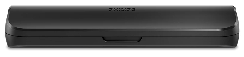 Zamknięte etui podróżne do szczoteczki Philips Sonicare 9000 DiamondClean w kolorze czarnym. Widok z przodu ukazuje smukłą sylwetkę, wytłoczone logo marki na górze oraz praktyczne wgłębienie do otwierania na środku. Całość zaprezentowana na białym tle.