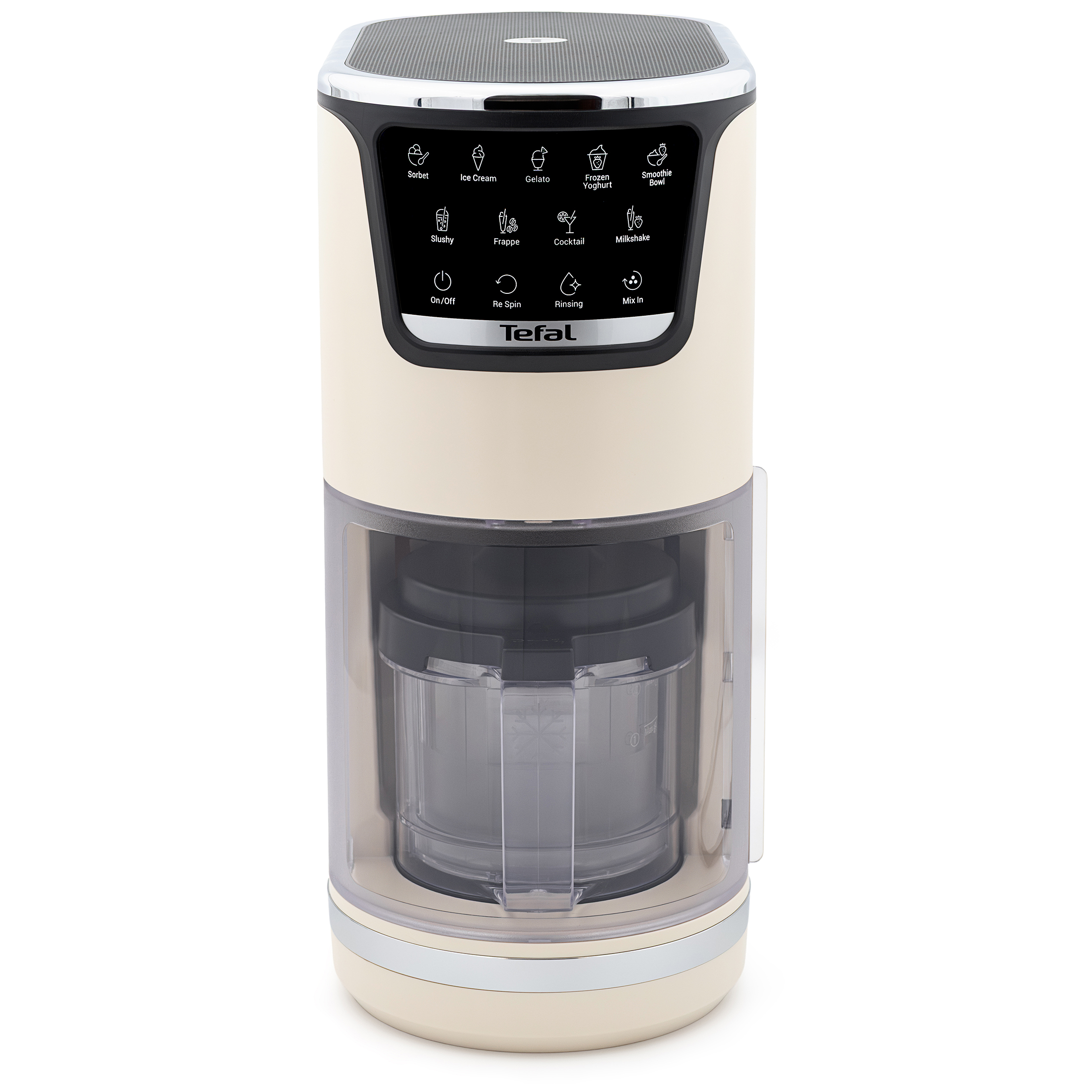 Kremowa maszyna do lodów Tefal Dolci IG602AE0 z czarnym panelem sterowania z 10 ikonami programów. Urządzenie posiada przezroczystą wnękę w dolnej części, w której znajduje się pojemnik z uchwytem. Widok z przodu na białym tle.