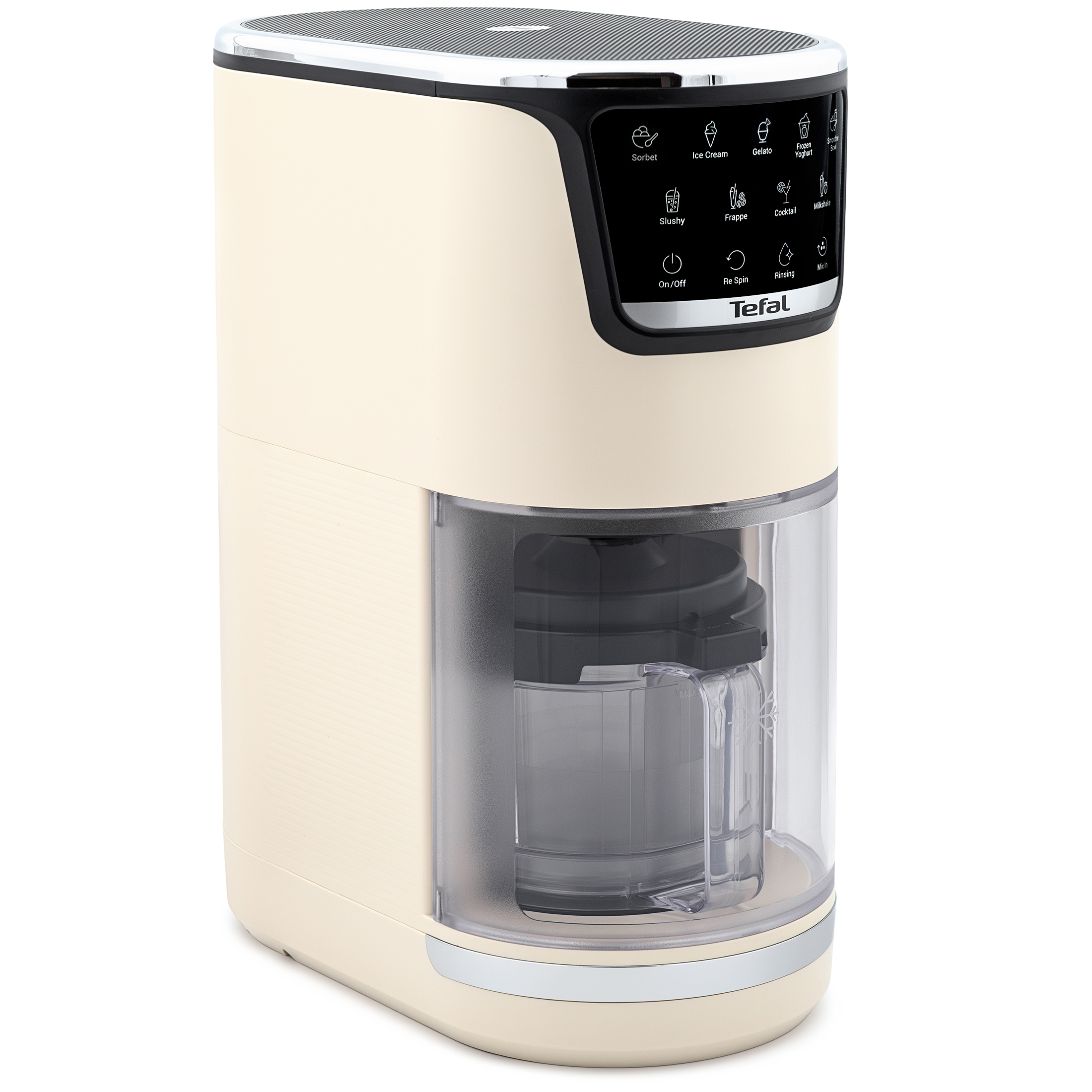 Kremowa maszyna do lodów Tefal Dolci IG602AE0 z czarnym panelem sterowania z 10 ikonami programów. Urządzenie posiada przezroczystą wnękę w dolnej części, w której znajduje się pojemnik z uchwytem. Widok od boku na białym tle.