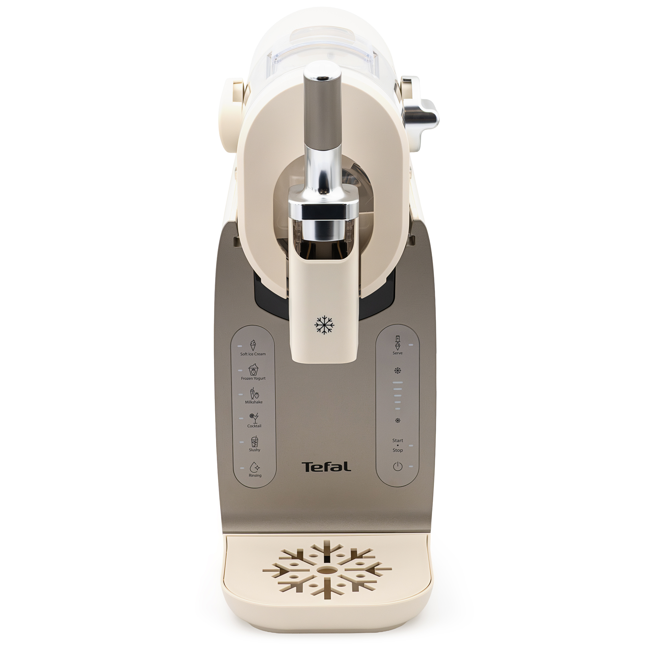 Maszyna do robienia lodów Tefal Freezi IG803AE0 zaprezentowana od przodu na białym tle. Centralną część zajmuje szary panel sterowania z czytelnym napisem Tefal oraz symetrycznie rozmieszczonymi ikonami programów i funkcji po obu stronach. W górnej strefie widoczna jest pionowa dźwignia dozująca, natomiast podstawę ujęcia stanowi pusta, jasnobeżowa tacka ociekowa z wyciętym motywem dużej śnieżynki.