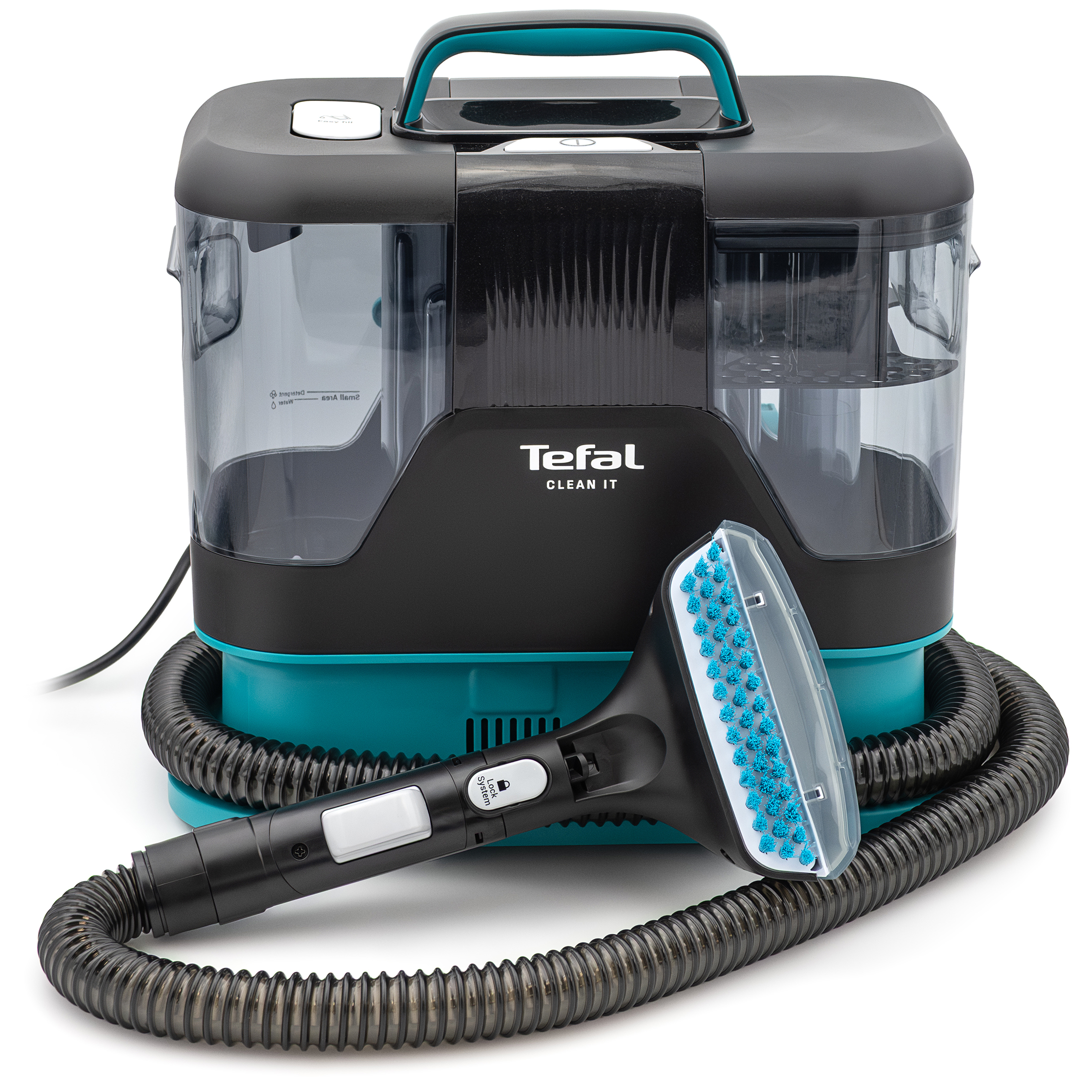 Odkurzacz piorący Tefal Clean It IZ5020 w kolorze czarno-turkusowym, przedstawiony od przodu na białym tle z wężem owiniętym wokół bazy. W centrum ujęcia wyeksponowano szeroką ssawkę do prania z jasnoniebieskim włosiem i przezroczystą osłoną, opartą o przód urządzenia. Rękojeść ssawki posiada jasny przycisk i oznaczenie systemu blokady Lock System.