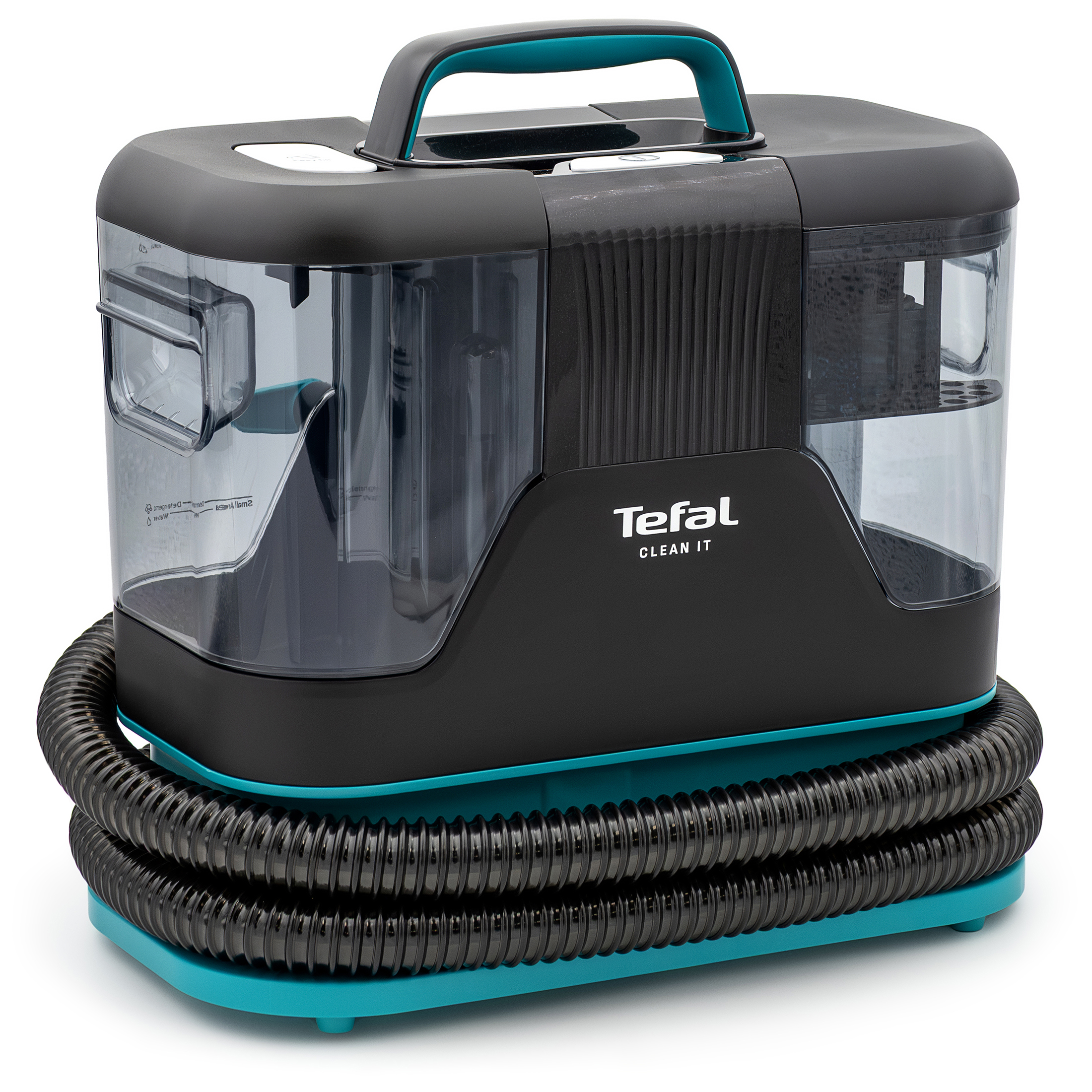 Odkurzacz piorący Tefal Clean It IZ5020 w kolorze czarno-turkusowym, pokazany pod kątem na białym tle. Centralny punkt stanowi czarna obudowa z białym logo Tefal CLEAN IT oraz dwoma przezroczystymi zbiornikami po bokach. Wokół dolnej części urządzenia owinięty jest czarny, karbowany wąż ssący. Zdjęcie przedstawia samą jednostkę główną bez dodatkowych akcesoriów i końcówek.