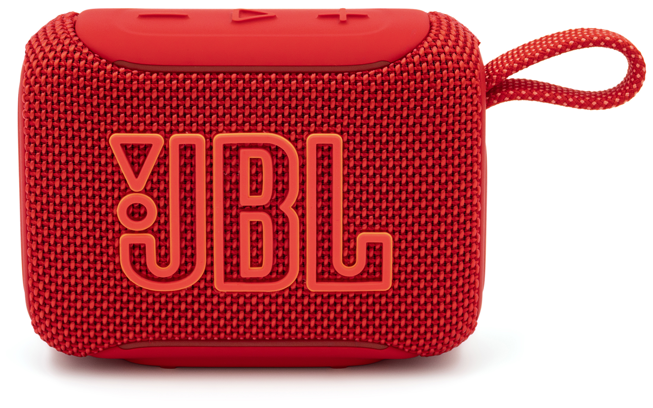 Czerwony głośnik przenośny JBL Go 5, widok z przodu na białym tle. Zdjęcie ukazuje plecioną fakturę obudowy, duże czerwono-pomarańczowe logo JBL oraz gumowane przyciski regulacji głośności i odtwarzania na górnym panelu. Z prawej strony widoczna jest funkcjonalna pętla ze sznurka.