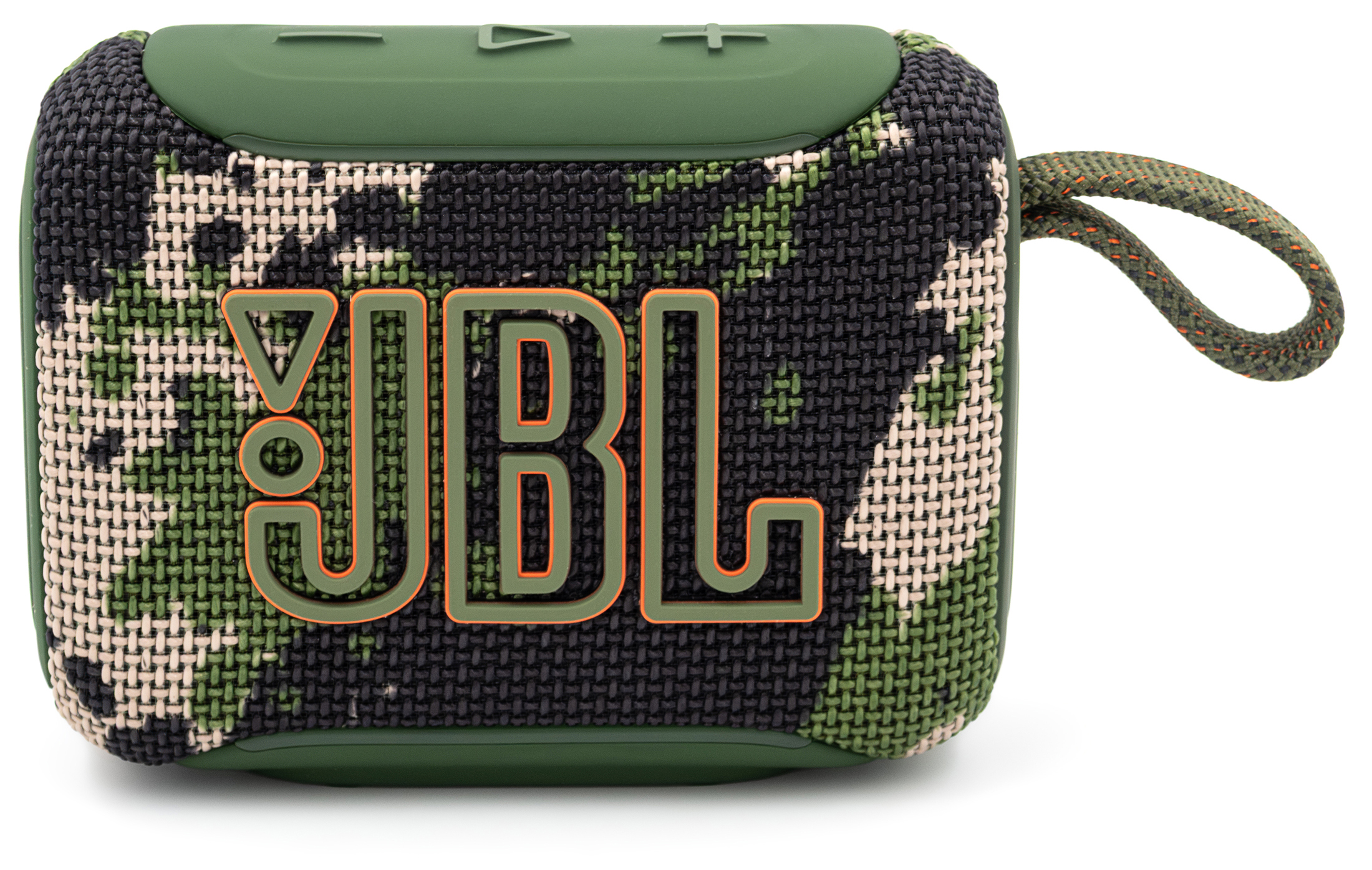 Moro głośnik przenośny JBL Go 5, widok z przodu na białym tle. Zdjęcie ukazuje plecioną fakturę obudowy, duże szaro-pomarańczowe logo JBL oraz gumowane przyciski regulacji głośności i odtwarzania na górnym panelu. Z prawej strony widoczna jest funkcjonalna pętla ze sznurka.
