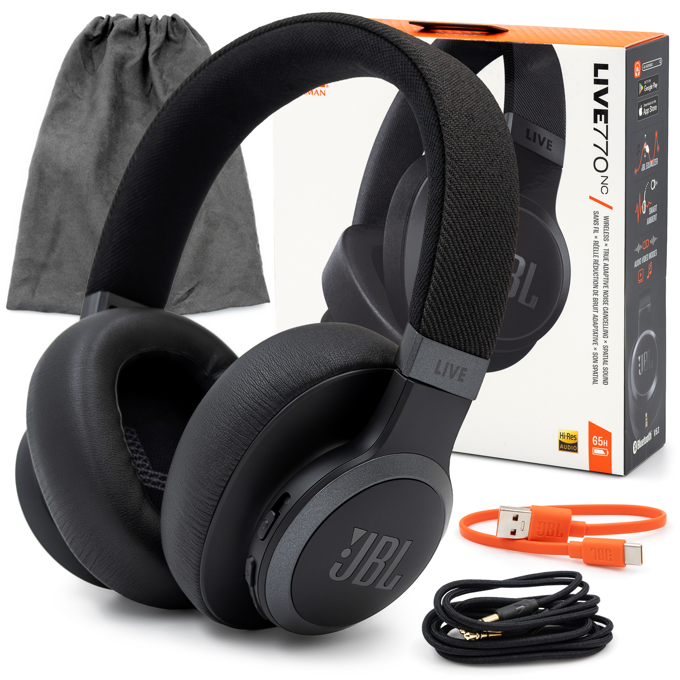 Czarne słuchawki JBL Live 770NC z tekstylnym pałąkiem, ukazane z pudełkiem i akcesoriami takimi jak szary woreczek, pomarańczowy kabel USB i czarny przewód audio. Na opakowaniu widoczne są kluczowe parametry: 65 godzin pracy baterii oraz logo Hi-Res AUDIO.