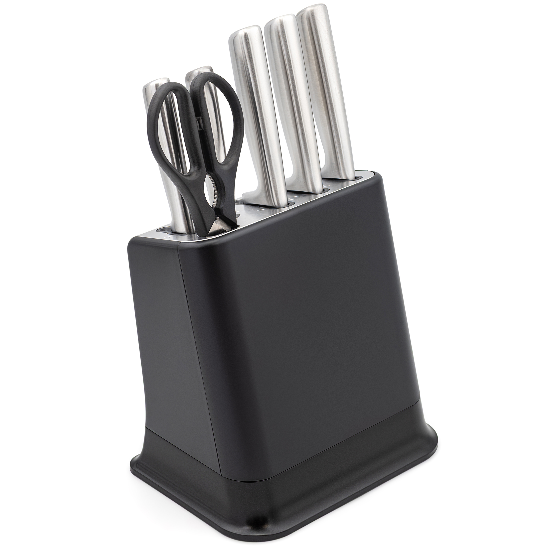 Czarny matowy blok Tefal EverSharp Pro K2977S44 stojący na białym tle, pokazany z przodu pod lekkim kątem. W bloku znajduje się pięć noży ze stali nierdzewnej ze srebrnymi rękojeściami oraz czarne nożyce kuchenne umieszczone z przodu w specjalnym otworze ze srebrnym wykończeniem.