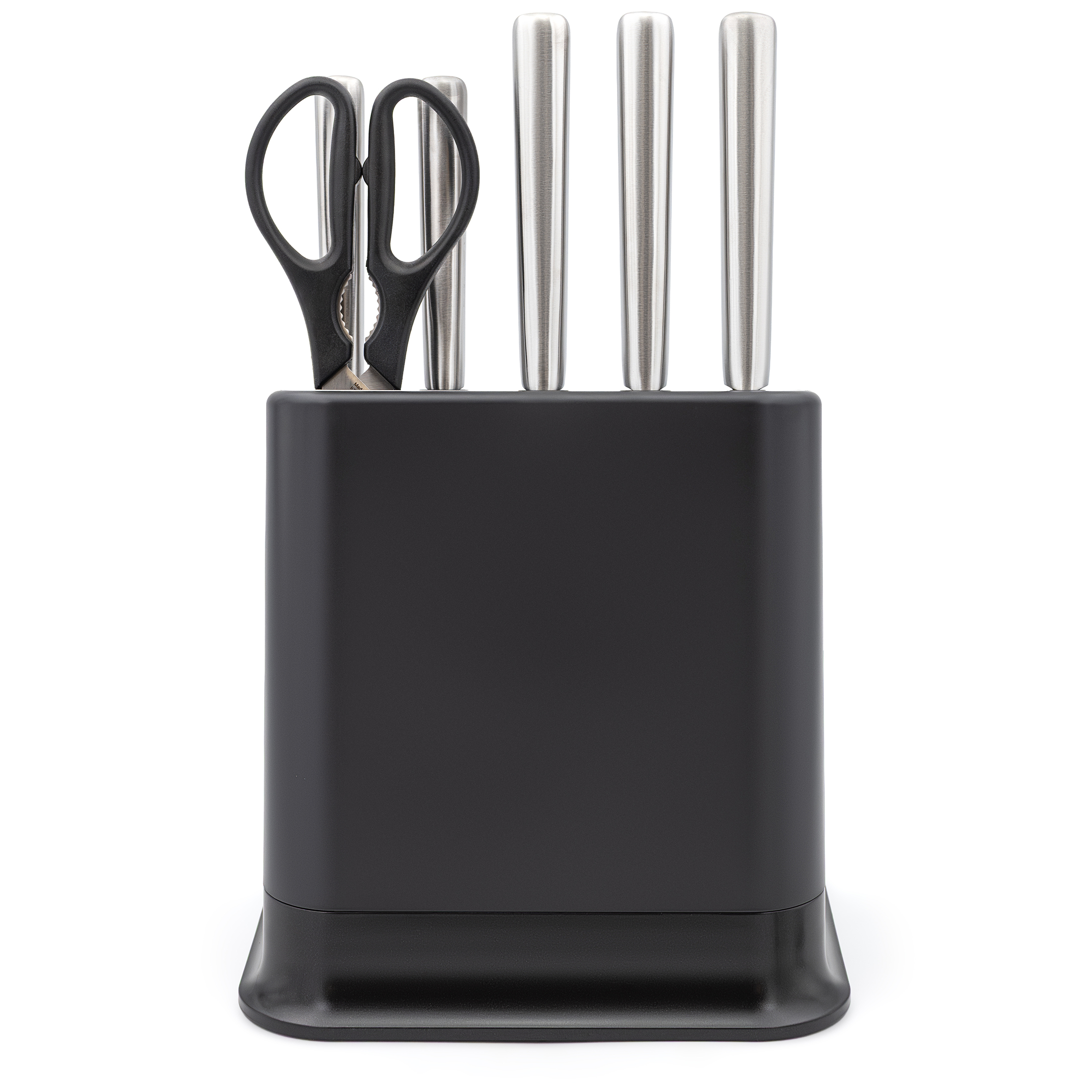 Czarny matowy blok Tefal EverSharp Pro K2977S44 na białym tle, ujęty bezpośrednio na wprost. Z bloku pionowo wystaje pięć srebrnych rękojeści noży ze stali nierdzewnej oraz czarne nożyce kuchenne po lewej stronie.