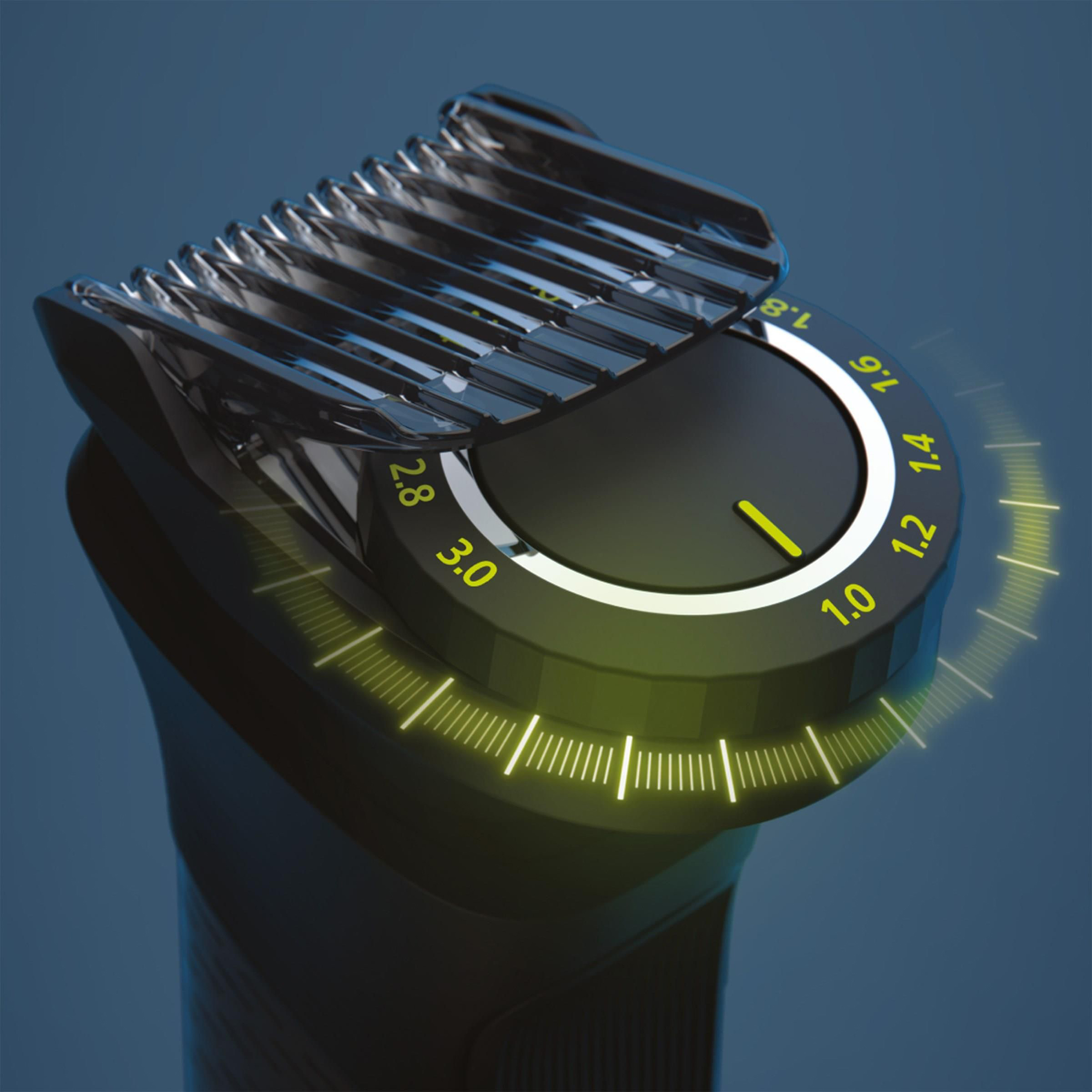 Zbliżenie na nasadkę trymera Philips MG7940/15 z precyzyjnym pokrętłem regulacji długości od 1.0 do 3.0 mm. Zdjęcie podkreśla żółte oznaczenia numeryczne oraz świetlistą skalę wokół czarnego pokrętła na ciemnym tle.