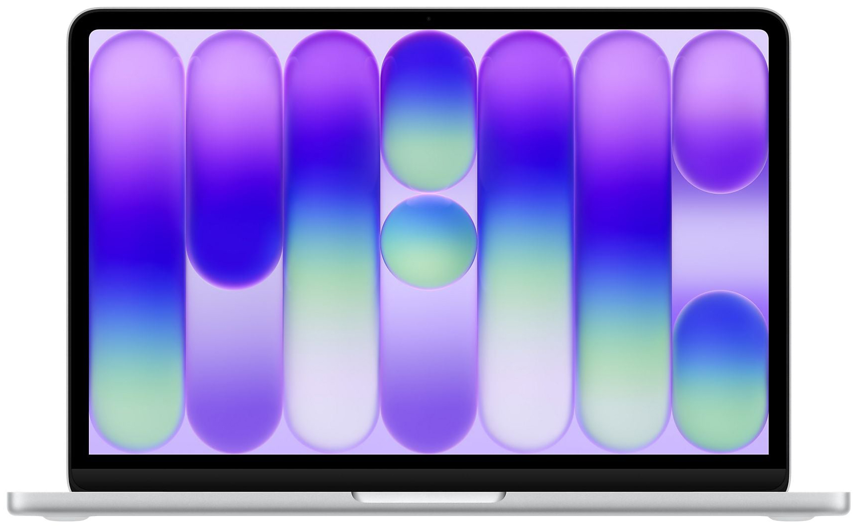 Srebrny Apple MacBook Neo 2026 widoczny od przodu. Laptop ma smukłą obudowę, wąskie czarne ramki ekranu oraz kolorową, abstrakcyjną tapetę z pionowymi bąblami w tonacji fioletowo-niebieskiej. Całość na czystym białym tle.