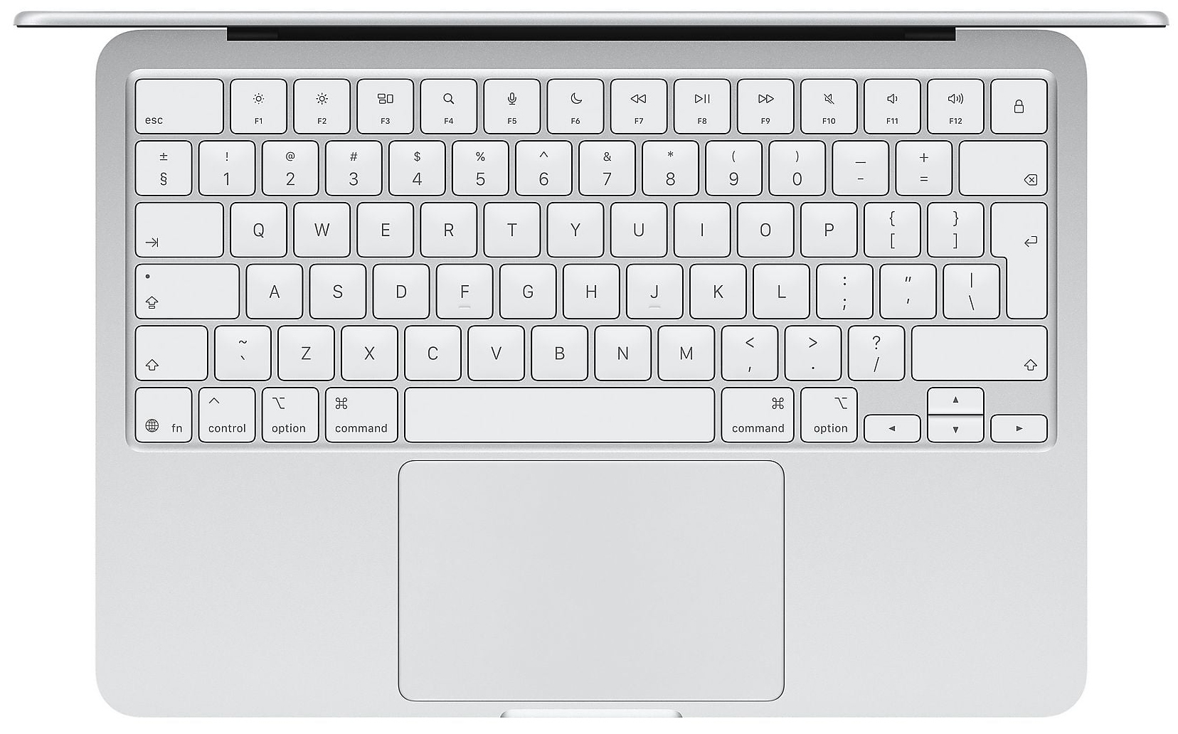 Srebrny MacBook Neo 2026 – widok z góry na białą klawiaturę oraz duży gładzik. Matowe aluminiowe wykończenie i minimalistyczny design charakterystyczny dla produktów Apple.