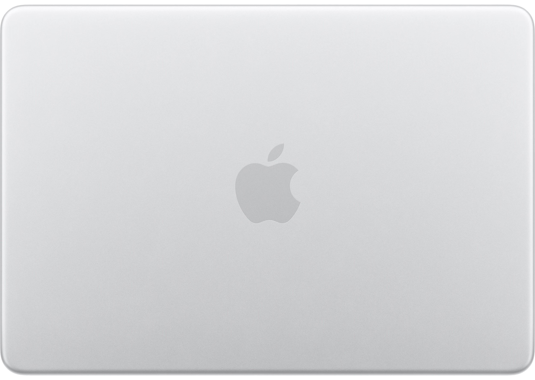 Górna pokrywa srebrnego MacBooka Neo 2026 z centralnie umieszczonym, błyszczącym logo Apple. Widok z góry na matowe, aluminiowe wykończenie obudowy.