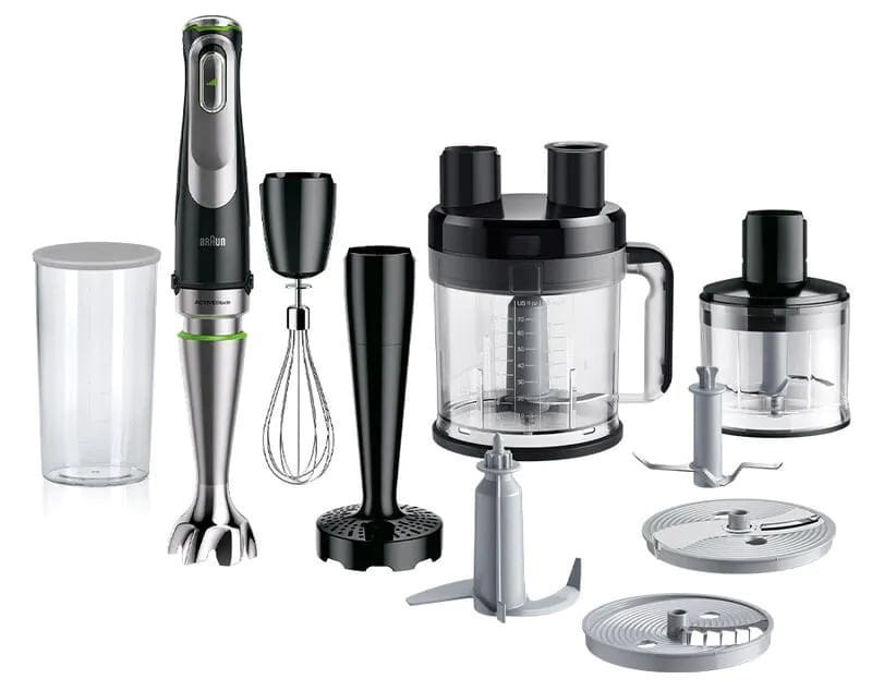 Zestaw blendera ręcznego Braun MultiQuick 9 MQ 9187XLI na białym tle. Widoczny główny moduł silnikowy z końcówką blendującą, trzepaczka, przystawka do puree, duży malakser, rozdrabniacz z ostrzami oraz wymienne tarcze tnące i pojemniki.