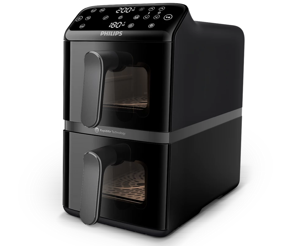 Frytkownica Philips Airfryer Dual Basket 10l w kolorze czarnym. Widok od przodu prezentuje dwie szuflady z okienkami podglądu oraz zaawansowany, cyfrowy panel sterowania na górze urządzenia. Konstrukcja oparta na technologii RapidAir umożliwia jednoczesne przygotowywanie różnych potraw w osobnych komorach.