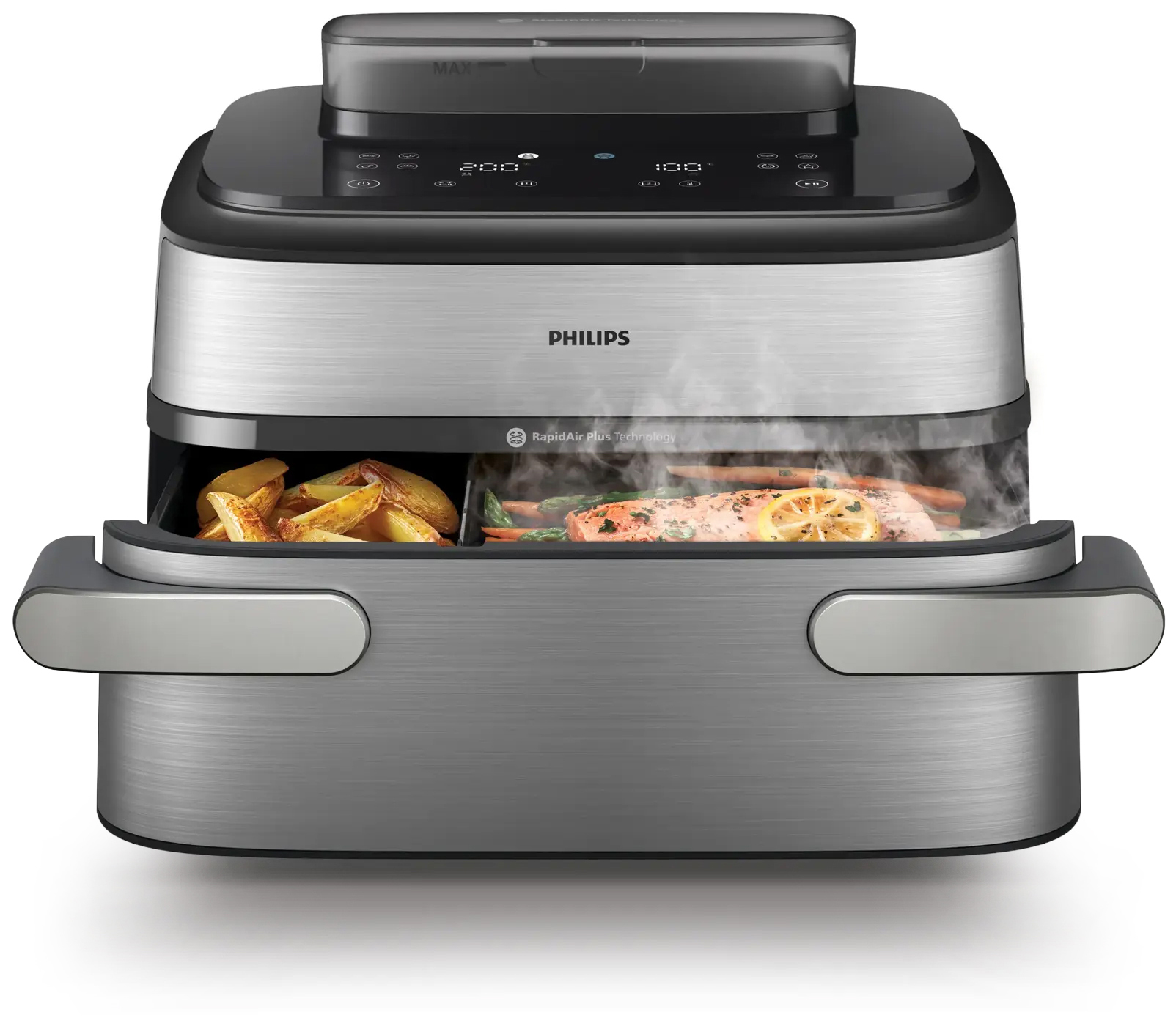 Frytkownica beztłuszczowa Philips NA565/02 z obudową ze szczotkowanego metalu, widok od przodu na białym tle. Urządzenie ma lekko wysuniętą szufladę z dwiema strefami, w których pieką się ziemniaczki oraz filet z łososia z warzywami, z których unosi się para. Górny czarny panel wyświetla liczby 200 i 100.
