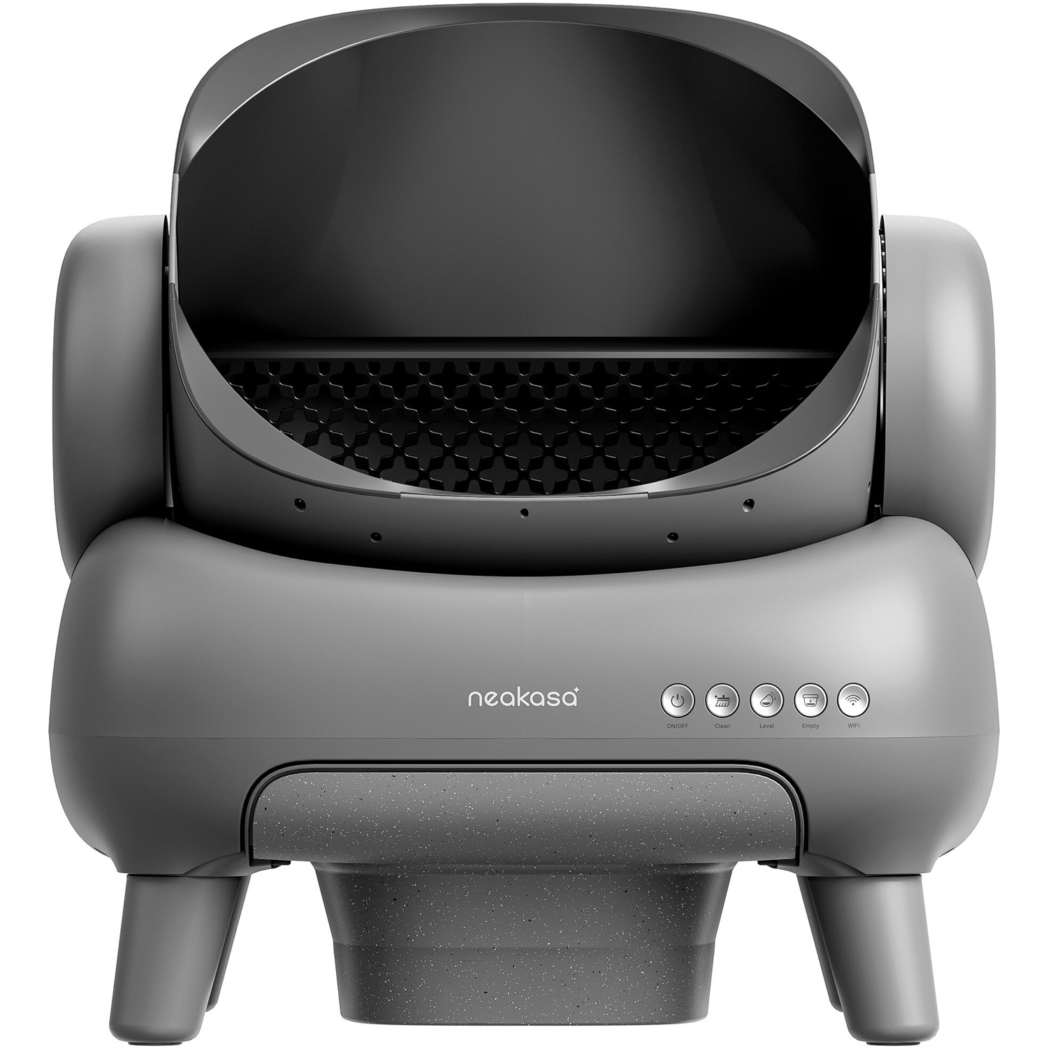 Szara automatyczna kuweta Neakasa M1, widok od przodu. Urządzenie posiada duży otwór wejściowy, panel z pięcioma przyciskami funkcyjnymi i logo marki oraz dolną szufladę na odpady. Całość osadzona na krótkich, grubych nóżkach.