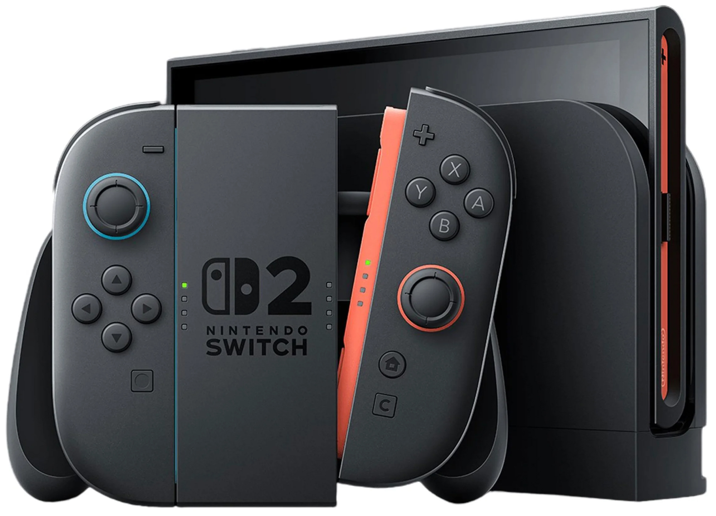 Konsola Nintendo Switch 2 w czarnej stacji dokującej, widok z przodu na białym tle. Na pierwszym planie wyeksponowano dwa kontrolery Joy-Con – lewy z niebieskim pierścieniem wokół gałki i dużym logo z cyfrą 2, oraz prawy z czerwonymi akcentami i przyciskami funkcyjnymi A, B, X, Y.