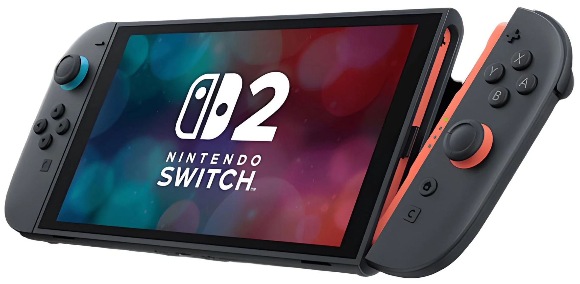 Konsola Nintendo Switch 2 z włączonym kolorowym ekranem prezentującym logo systemu z cyfrą 2, widok pod kątem na białym tle. Po lewej stronie przymocowany jest czarny Joy-Con z niebieskim akcentem, natomiast po prawej widoczny jest częściowo wysunięty, odłączony kontroler z pomarańczowo-czerwonymi elementami wykończenia.