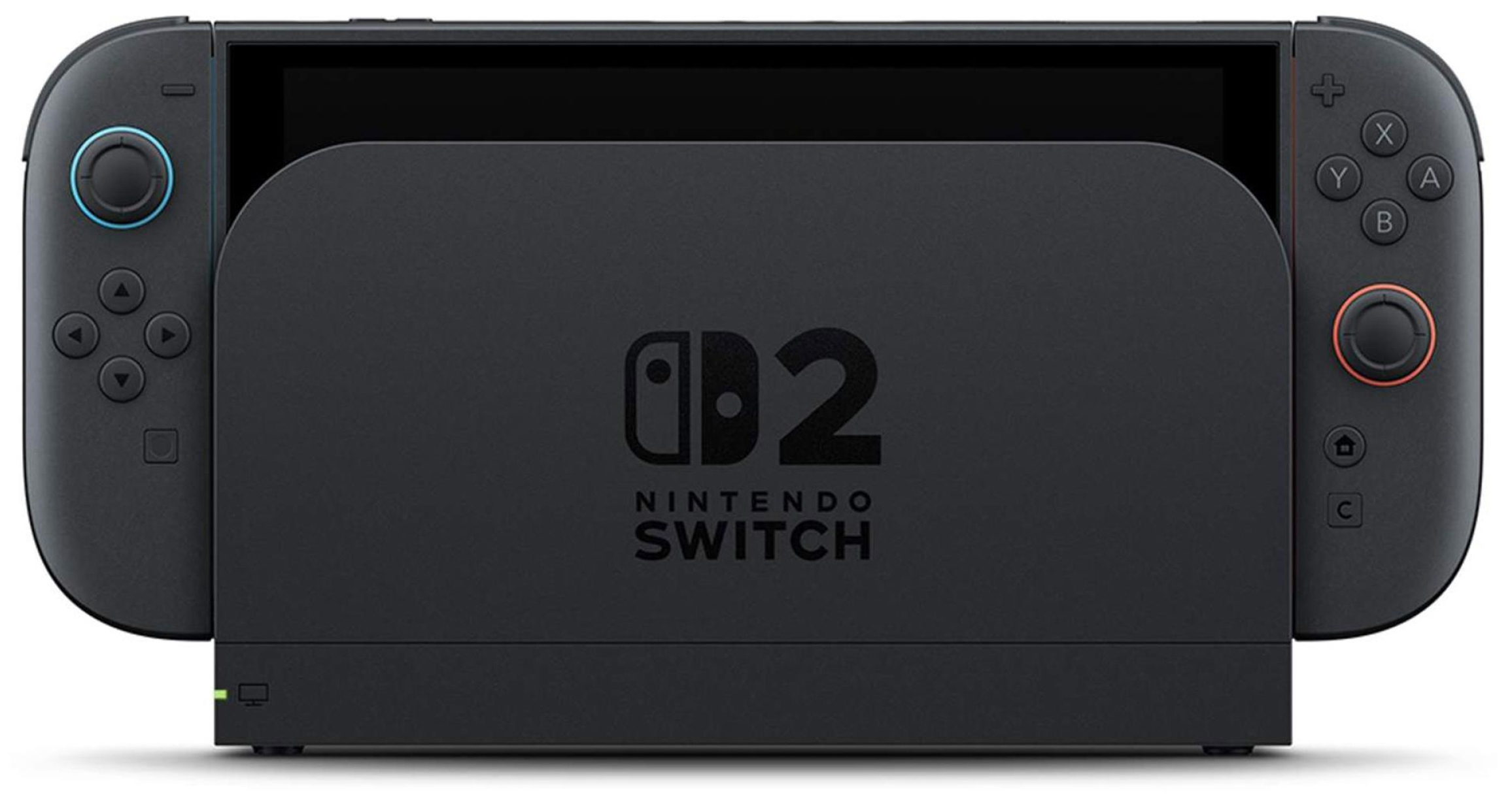 Konsola Nintendo Switch 2 w stacji dokującej, widok od przodu na białym tle. Na czarnej stacji dokującej nadrukowano ciemne logo systemu z cyfrą 2. Po bokach widoczne są przypięte kontrolery Joy-Con z niebieskim oraz czerwonym akcentem wokół gałek analogowych. Ekran urządzenia pozostaje czarny.