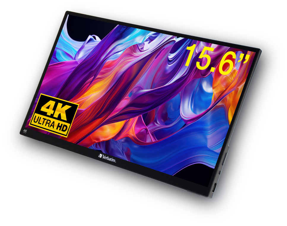 Czarny, przenośny monitor Verbatim 15,6 cala leży pod kątem na białym tle. Na ekranie wyświetlana jest abstrakcyjna, kolorowa grafika. Widoczne są oznaczenia 4K ULTRA HD i 15.6.
