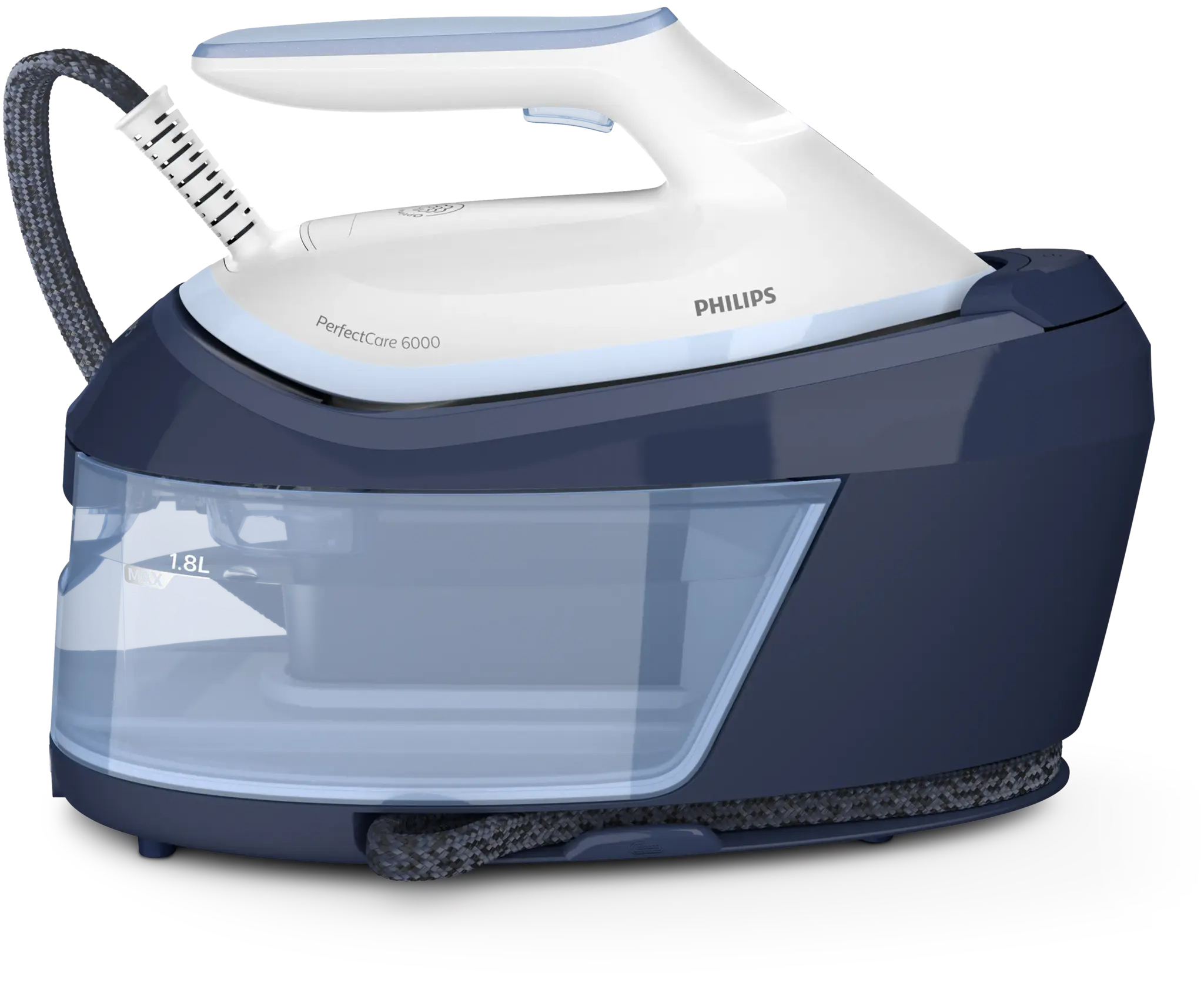 Generator pary Philips PSG6026/20 z serii PerfectCare 6000. Zdjęcie prezentuje białe żelazko na ciemnoniebieskiej bazie z przezroczystym zbiornikiem o pojemności 1,8 l oraz widocznym przewodem parowym w oplocie.