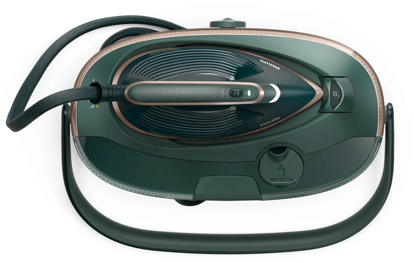 Generator pary Philips PerfectCare Seria 8000 PSG8200/70 w kolorze ciemnozielonym z miedzianymi detalami, widok z góry na białym tle. Żelazko zablokowane na bazie, z widocznym panelem sterowania na rączce i logo PHILIPS. Z boku bazy wychodzi ciemny, pleciony przewód.