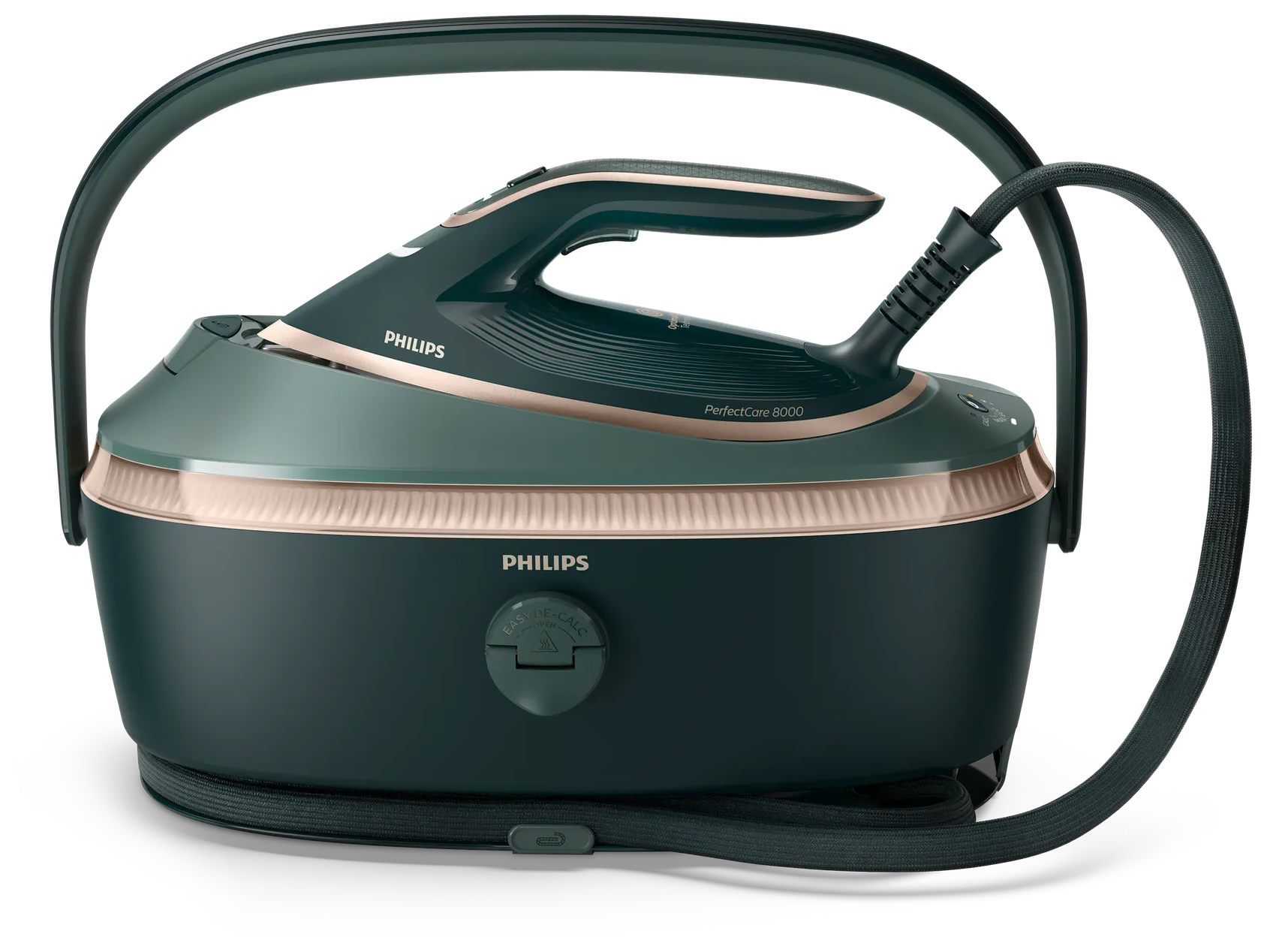 Widok z boku na generator pary Philips PSG8200/70. Prezentuje ergonomiczny pałąk do transportu, eleganckie ciemnozielone wykończenie z miedzianymi detalami oraz system odkamieniania Easy De-Calc.