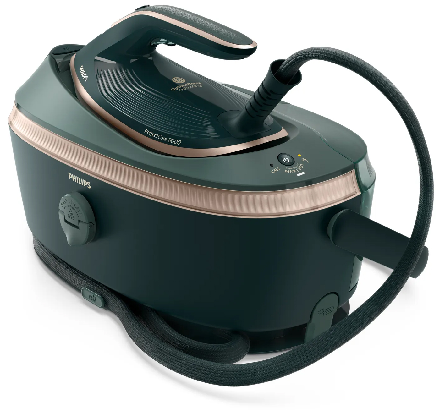 Zbliżenie na stację bazową generatora pary Philips PSG8200/70. Widoczny system odkamieniania Easy De-Calc, panel sterowania z przyciskiem zasilania oraz eleganckie detale w kolorze miedzianym na ciemnozielonej obudowie.