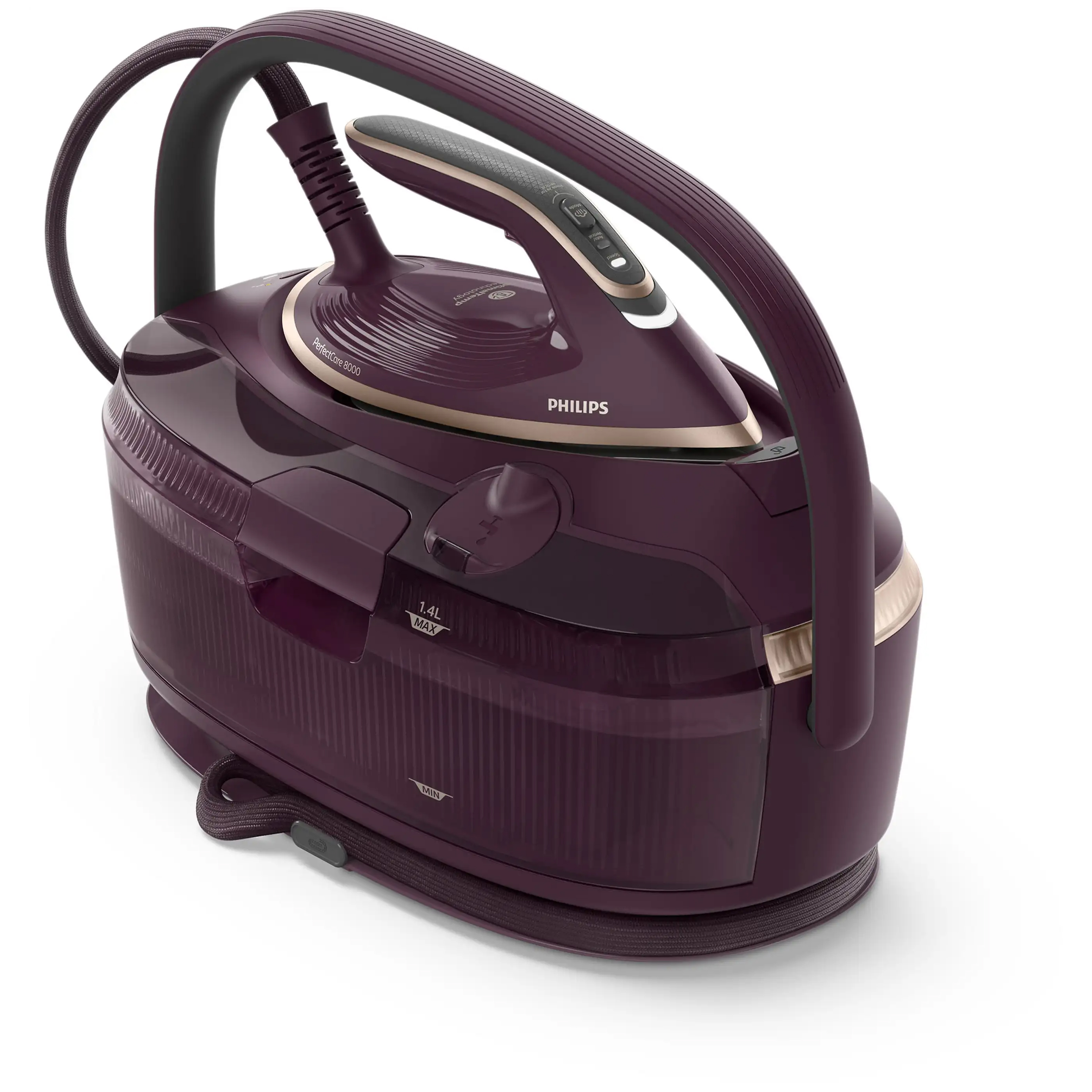 Fioletowy generator pary Philips PerfectCare 8000 PSG8300/30 z żelazkiem spoczywającym na bazie, zaprezentowany na białym tle z profilu od góry. Urządzenie ma złote wykończenia, podniesiony pałąk ochronny i przezroczysty zbiornik na wodę.