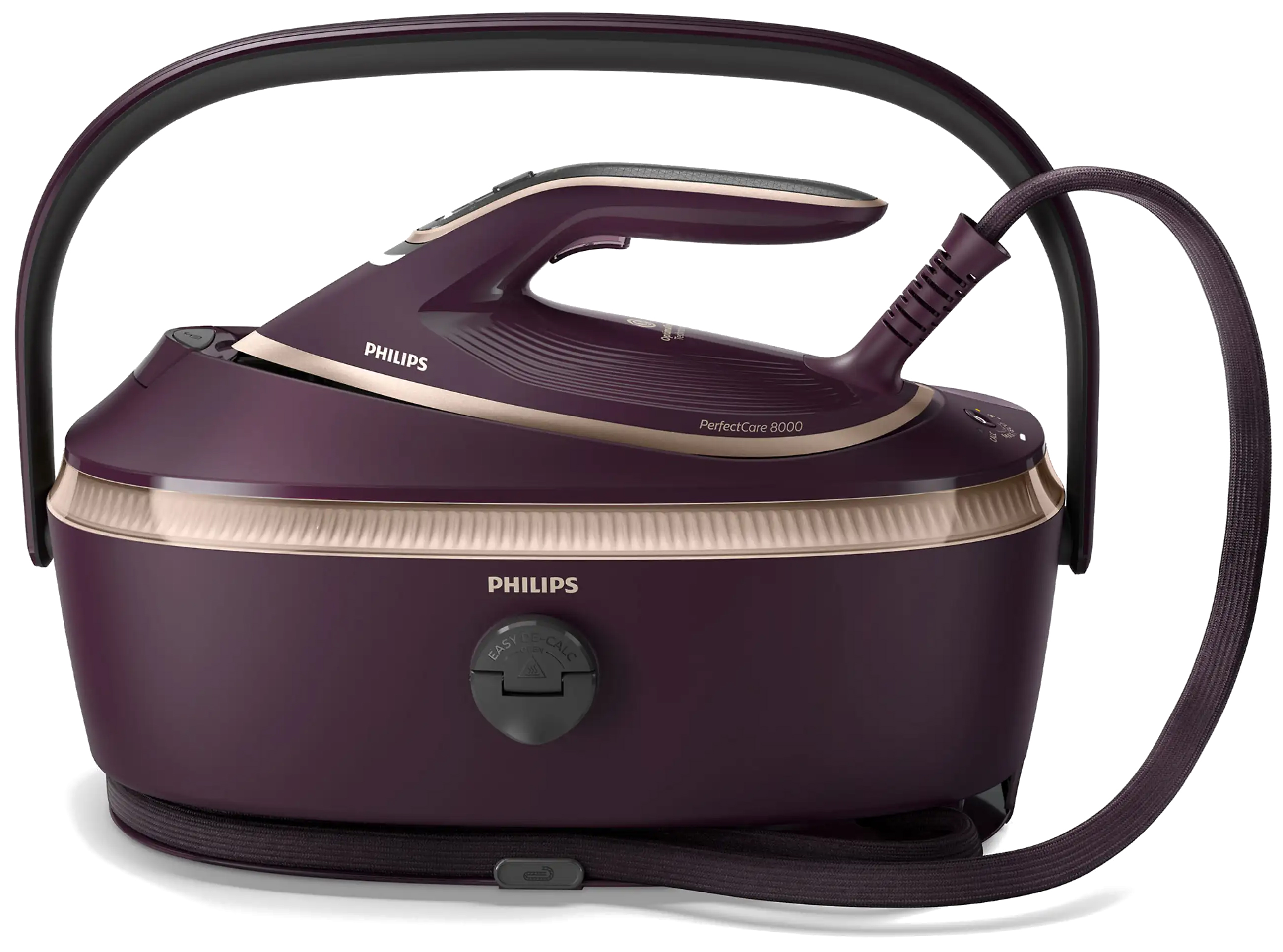 Fioletowy generator pary Philips PerfectCare 8000 PSG8300/30 z żelazkiem spoczywającym na stacji bazowej, widok z boku na białym tle. Urządzenie ma podniesiony pałąk zabezpieczający, miedziano-złote elementy, pokrętło EASY DE-CALC oraz przewód owinięty wokół podstawy.