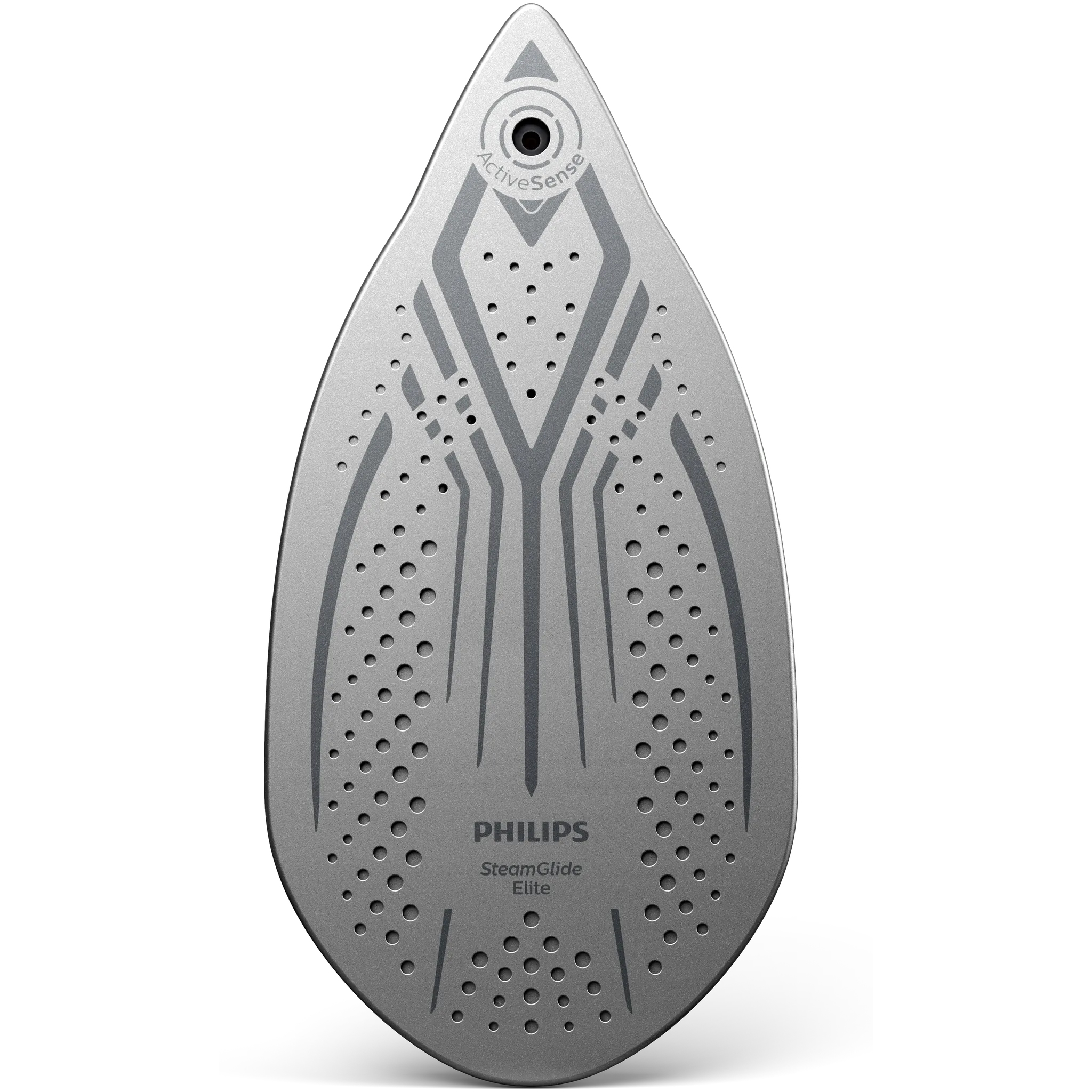 Zbliżenie na stopę SteamGlide Elite żelazka Philips PSG9050/20. Widoczna jest srebrna powierzchnia z otworami na parę oraz wbudowana kamera ActiveSense przy czubku żelazka.