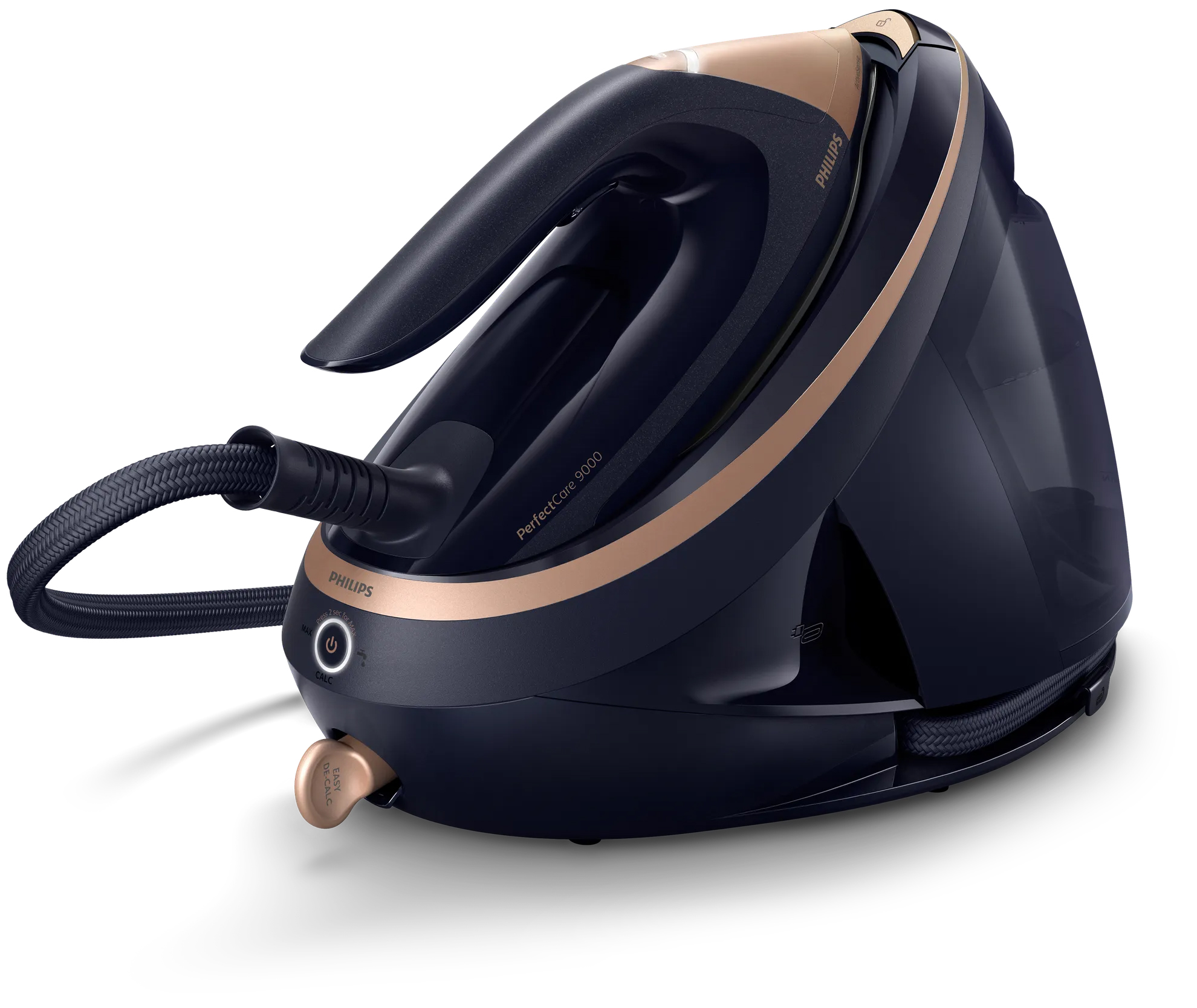Granatowo-złoty generator pary Philips PerfectCare 9000 Series (PSG9050/20). Zdjęcie przedstawia nowoczesne żelazko na bazie z przezroczystym zbiornikiem i widocznym pokrętłem systemu odkamieniania Easy De-Calc. Widok pod kątem na białym tle.