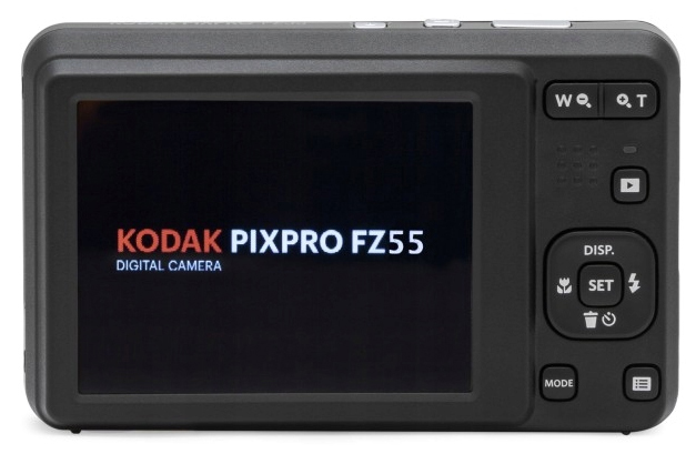 Czarny aparat cyfrowy Kodak Pixpro FZ55 widziany od tyłu na białym tle. Włączony ekran LCD wyświetla nazwę modelu KODAK PIXPRO FZ55 DIGITAL CAMERA. Obok ekranu umieszczono pełny panel sterowania z przyciskami nawigacyjnymi, zoomu oraz menu.