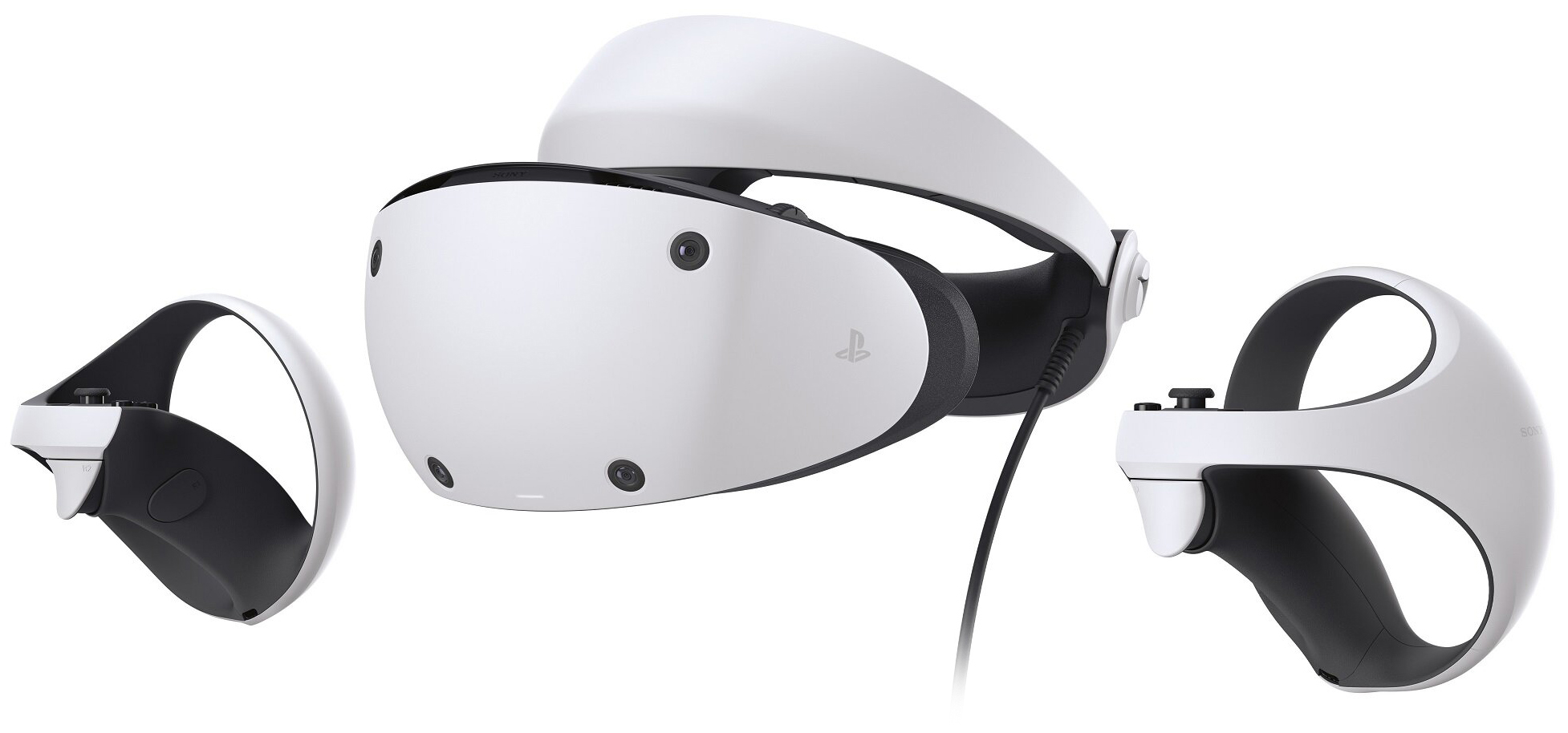 Gogle wirtualnej rzeczywistości Sony PlayStation VR2 oraz dwa bezprzewodowe kontrolery Sense na białym tle. Urządzenia są biało-czarne i charakteryzują się opływowymi kształtami. Gogle są ustawione w centrum i posiadają cztery widoczne kamery, a kontrolery otaczają je po bokach.